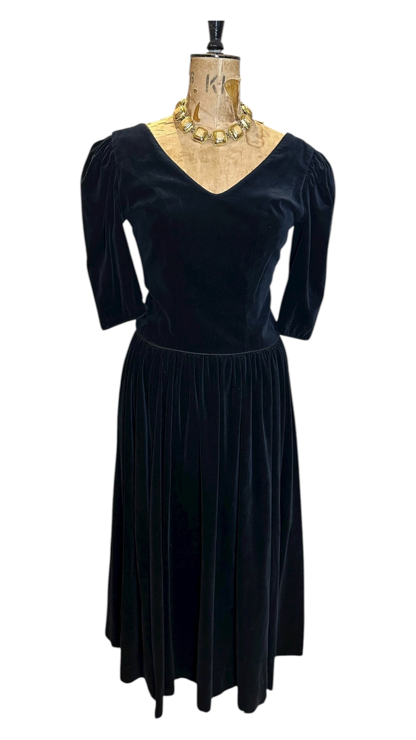 Vintage 80s Monsoon Black Velvet Maxi-Dress UK 