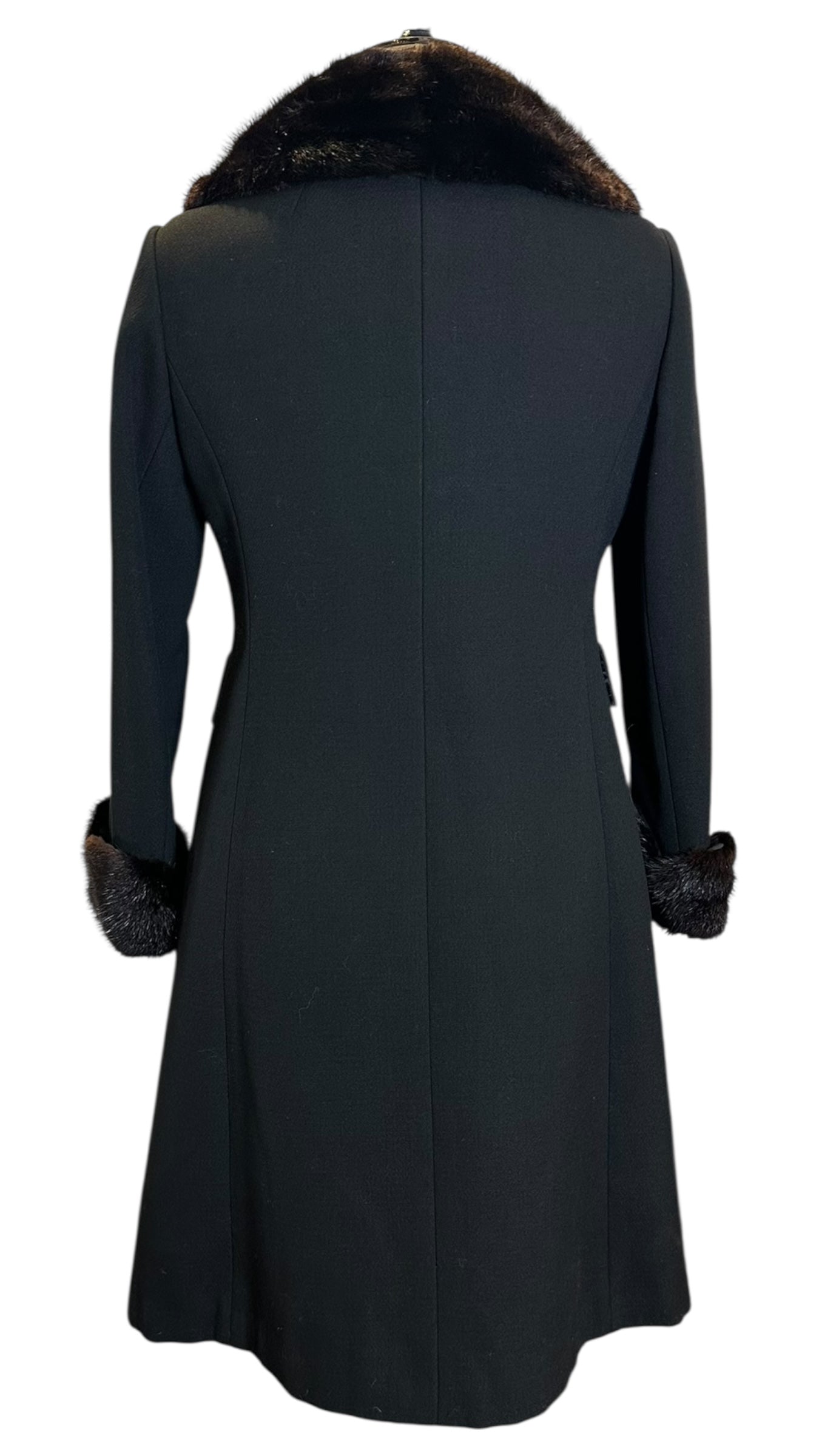 60s Vintage Black Wool Coat with Mink Collar and Cuff UK 14
