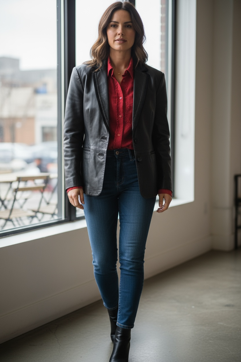 80s Vintage Navy Leather Jacket UK 12