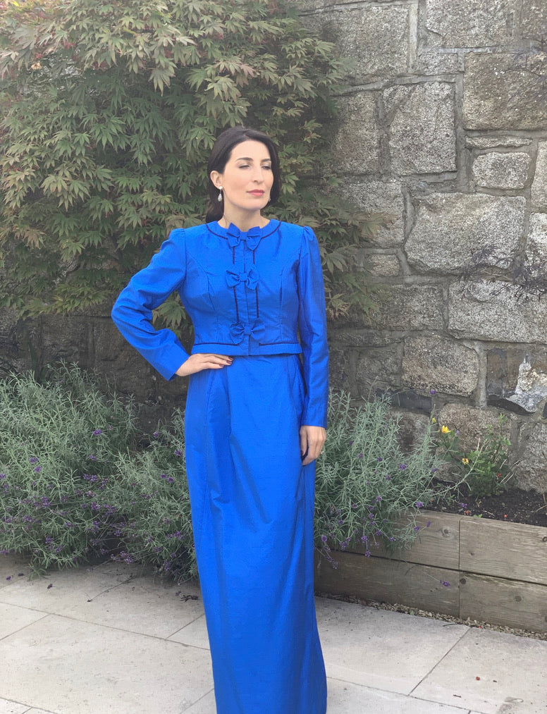 80s Vintage Silk Blue Skirt Suit UK 6-8