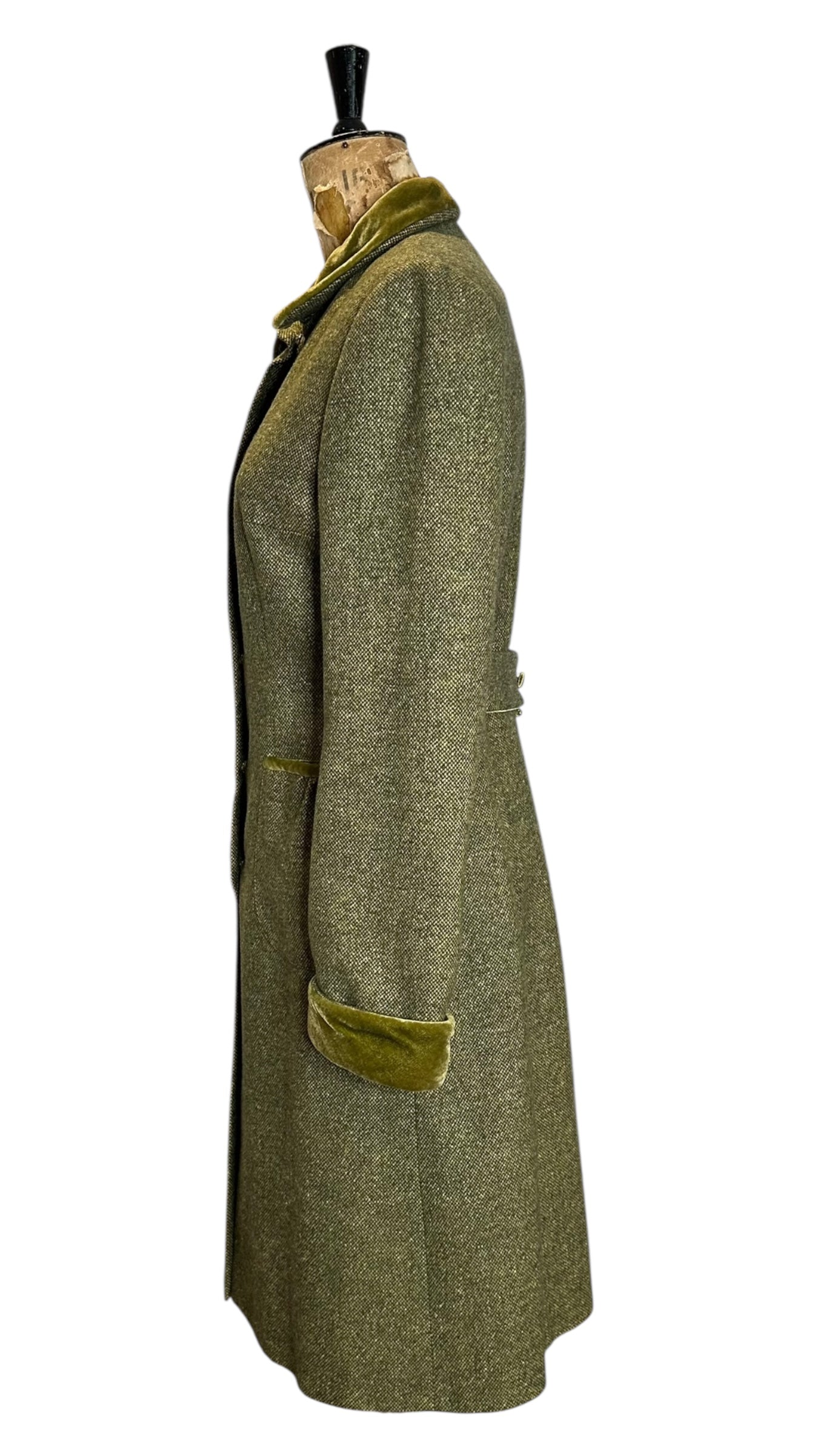 Vintage Green Tweed Coat with Velvet Collar UK 12- 14