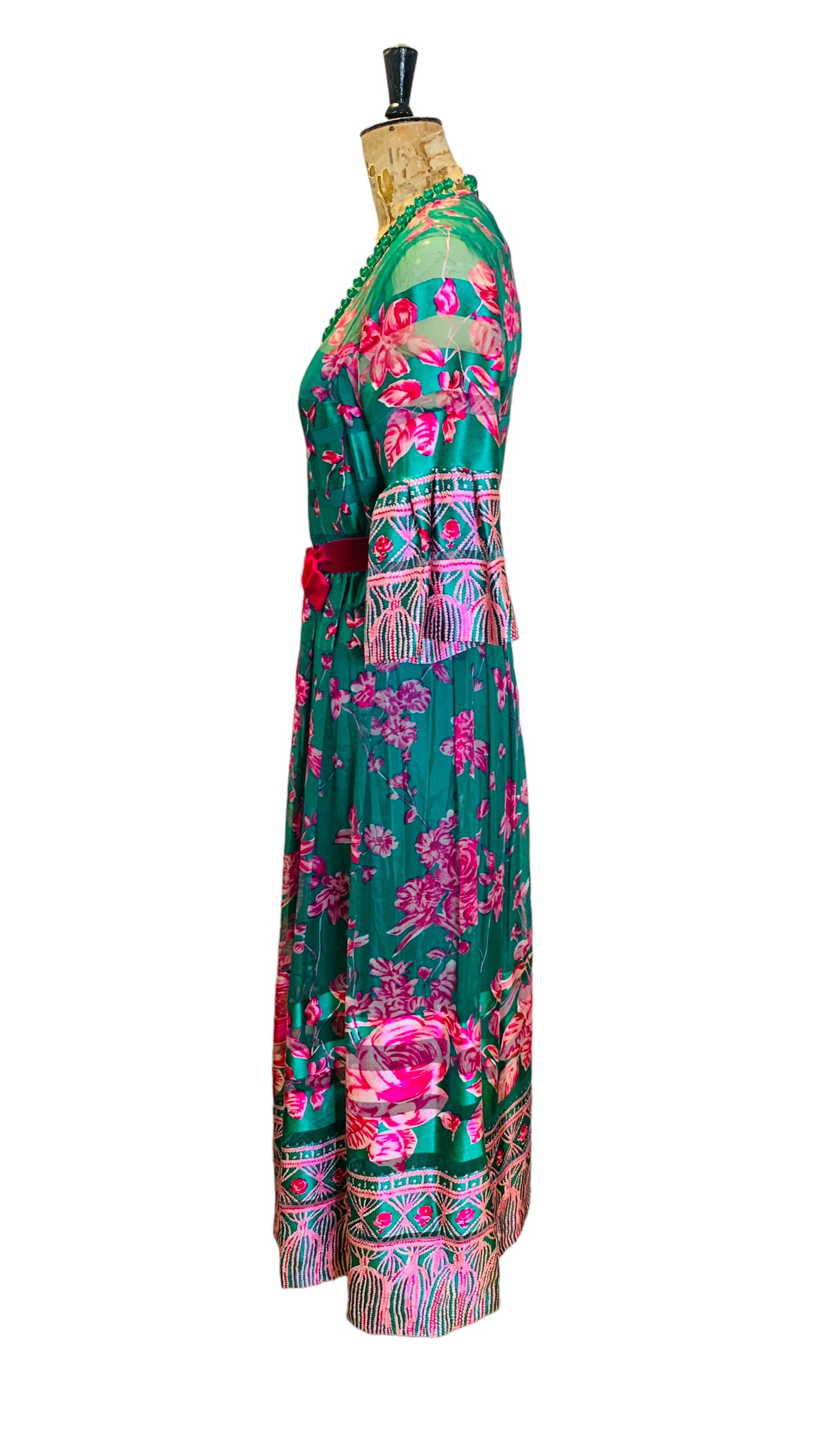 Vintage Silk Green and Pink Maxi-Dress Size UK 12