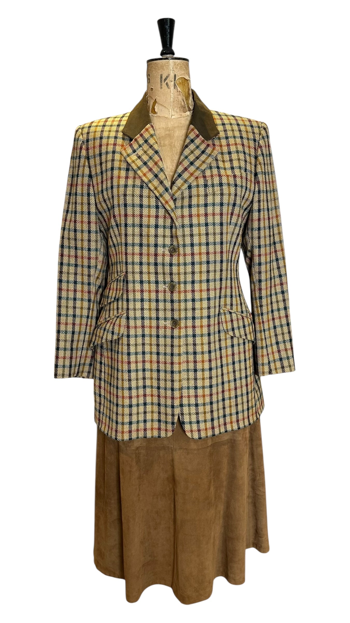 Vintage Green Tweed Coat with Velvet Collar UK 12- 