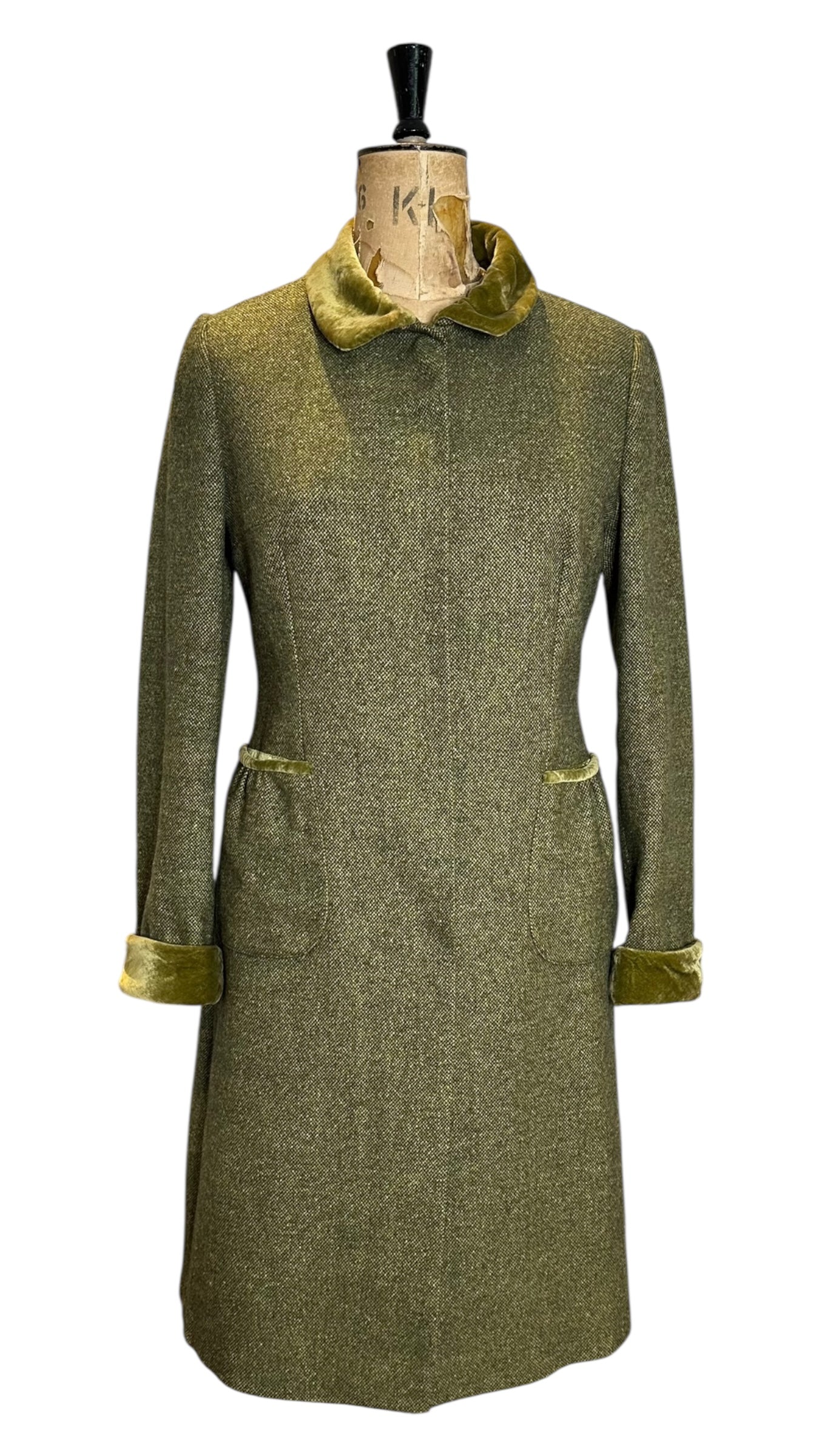 Vintage Green Tweed Coat with Velvet Collar UK 12- 14