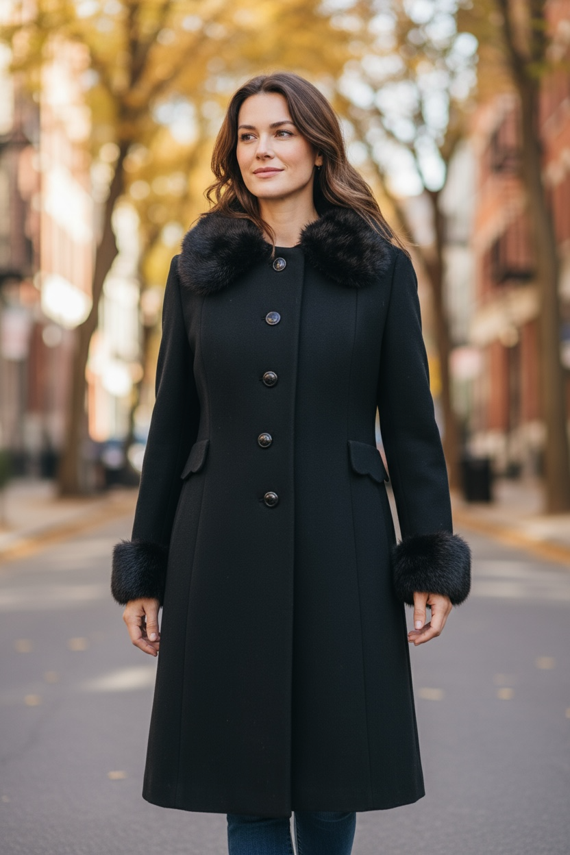 60s Vintage Black Wool Coat with Mink Collar and Cuff UK 14