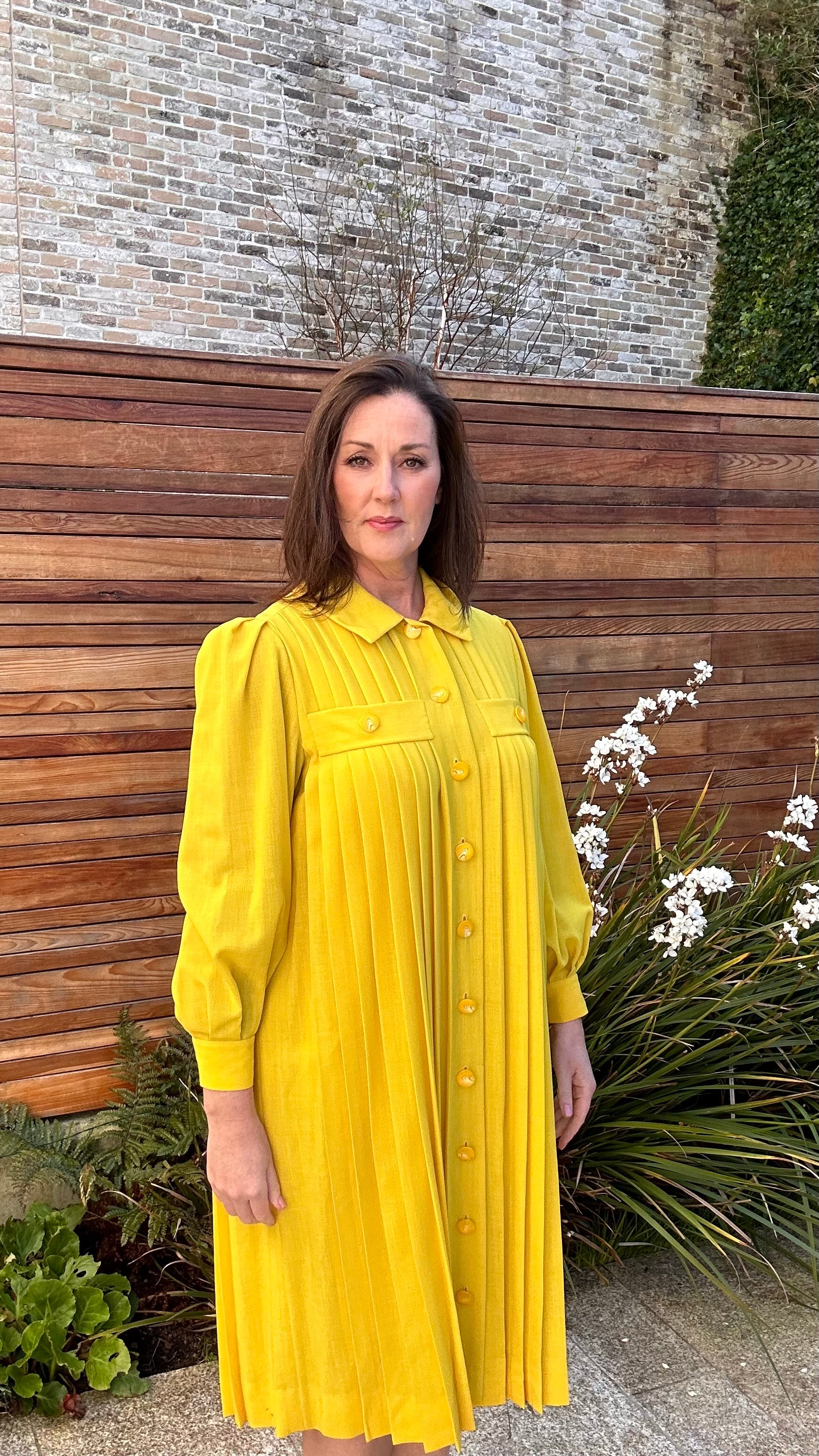 Vintage 70s Yellow Pleated Dress UK 12- 14