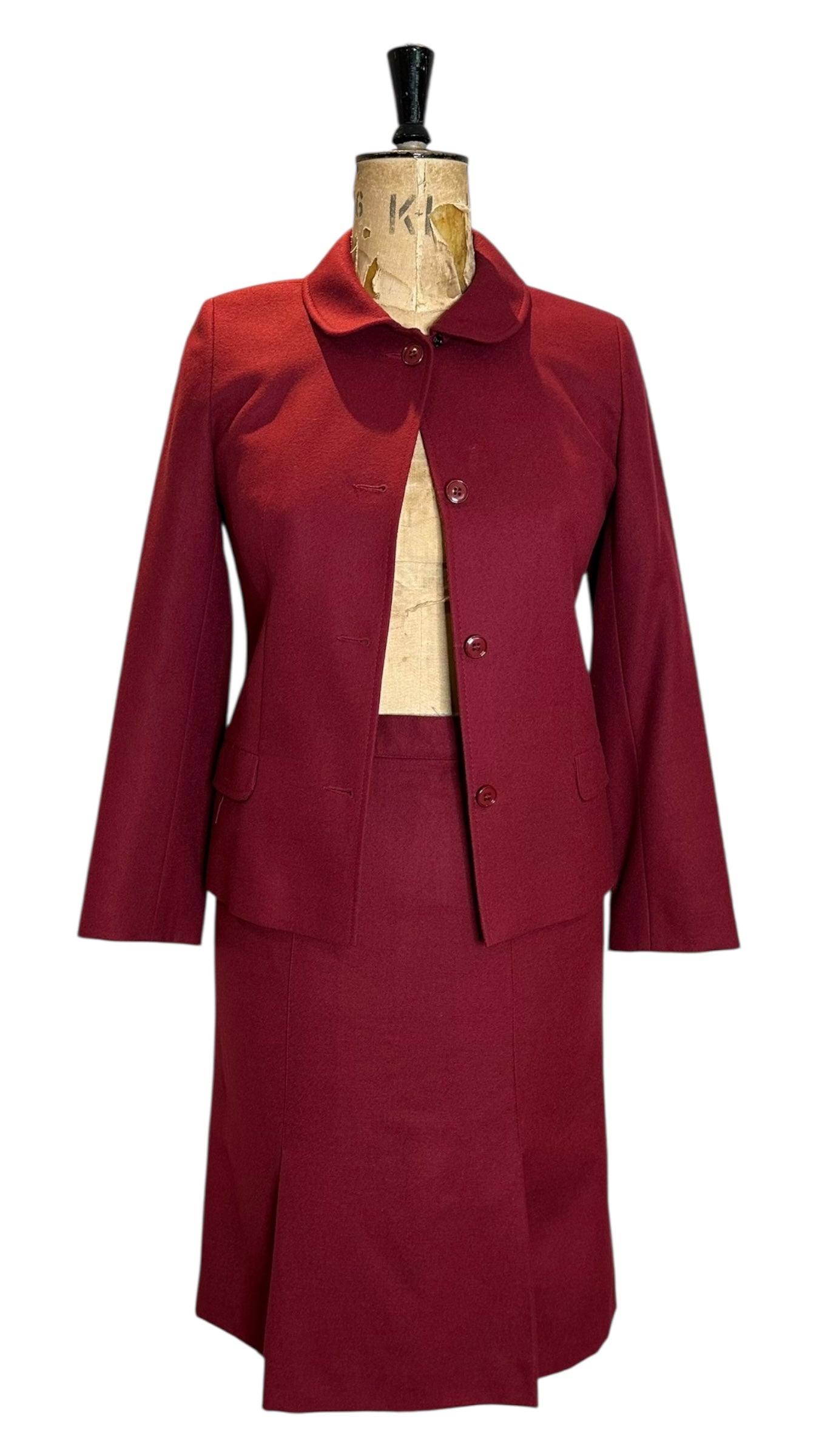 Irish Vintage Burgundy Wool Skirt Suit Uk 8-10