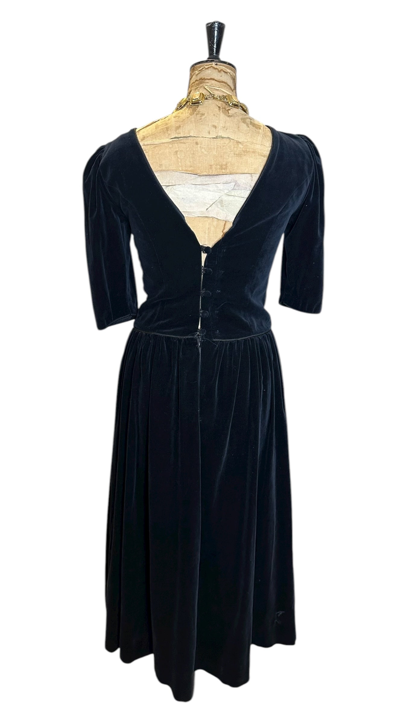 Vintage 80s Monsoon Black Velvet Maxi-Dress UK 