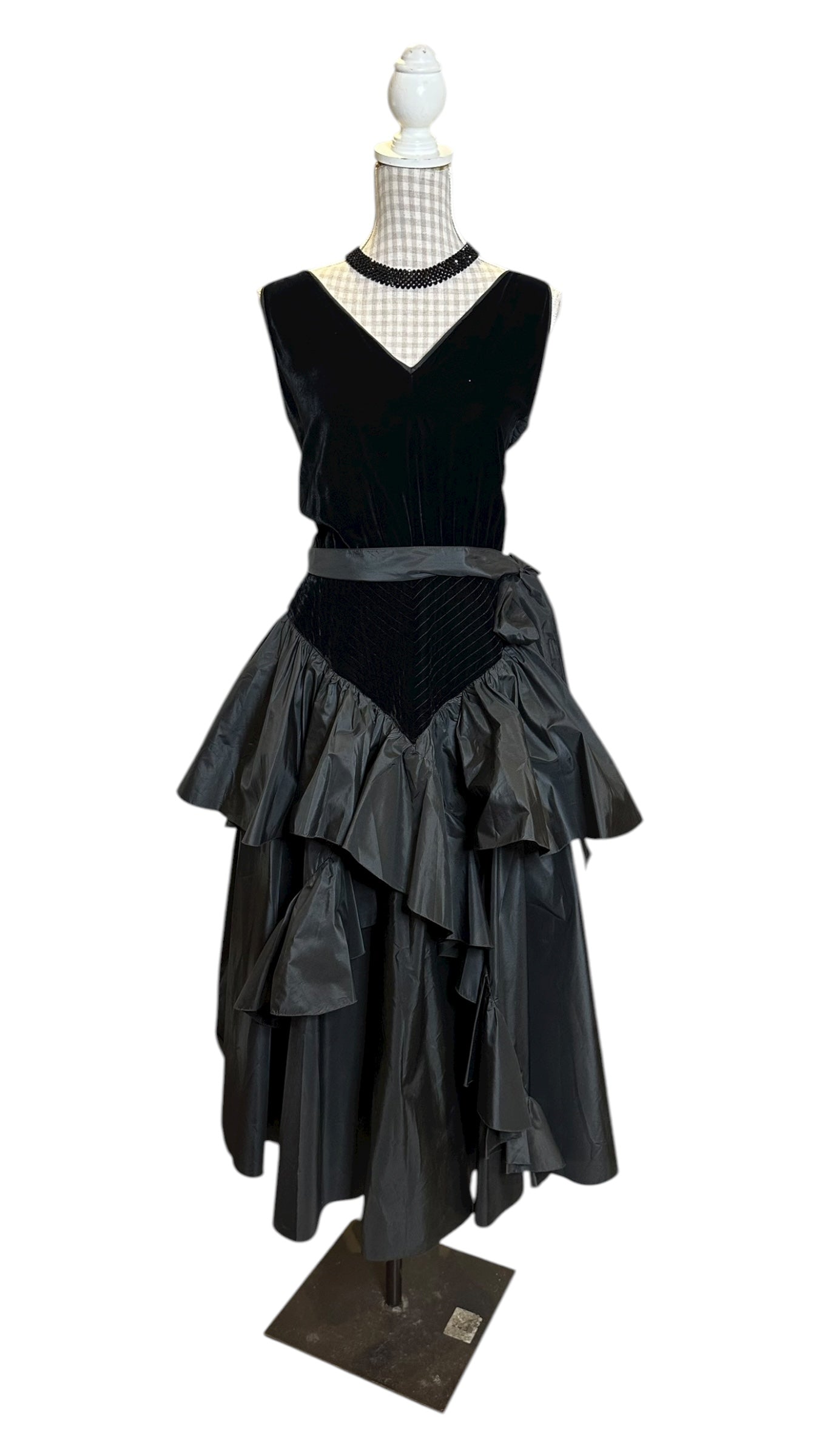 80s Vintage Black Velvet and Taffeta Evening Dress UK 10 - 12&nbsp;