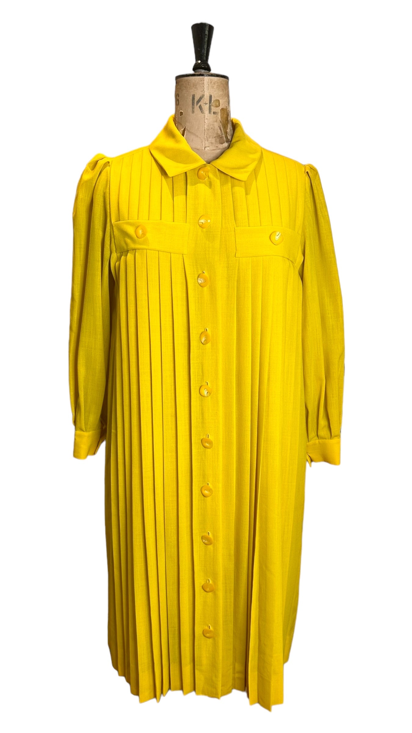 Vintage 70s Yellow Pleated Dress UK 12- 14