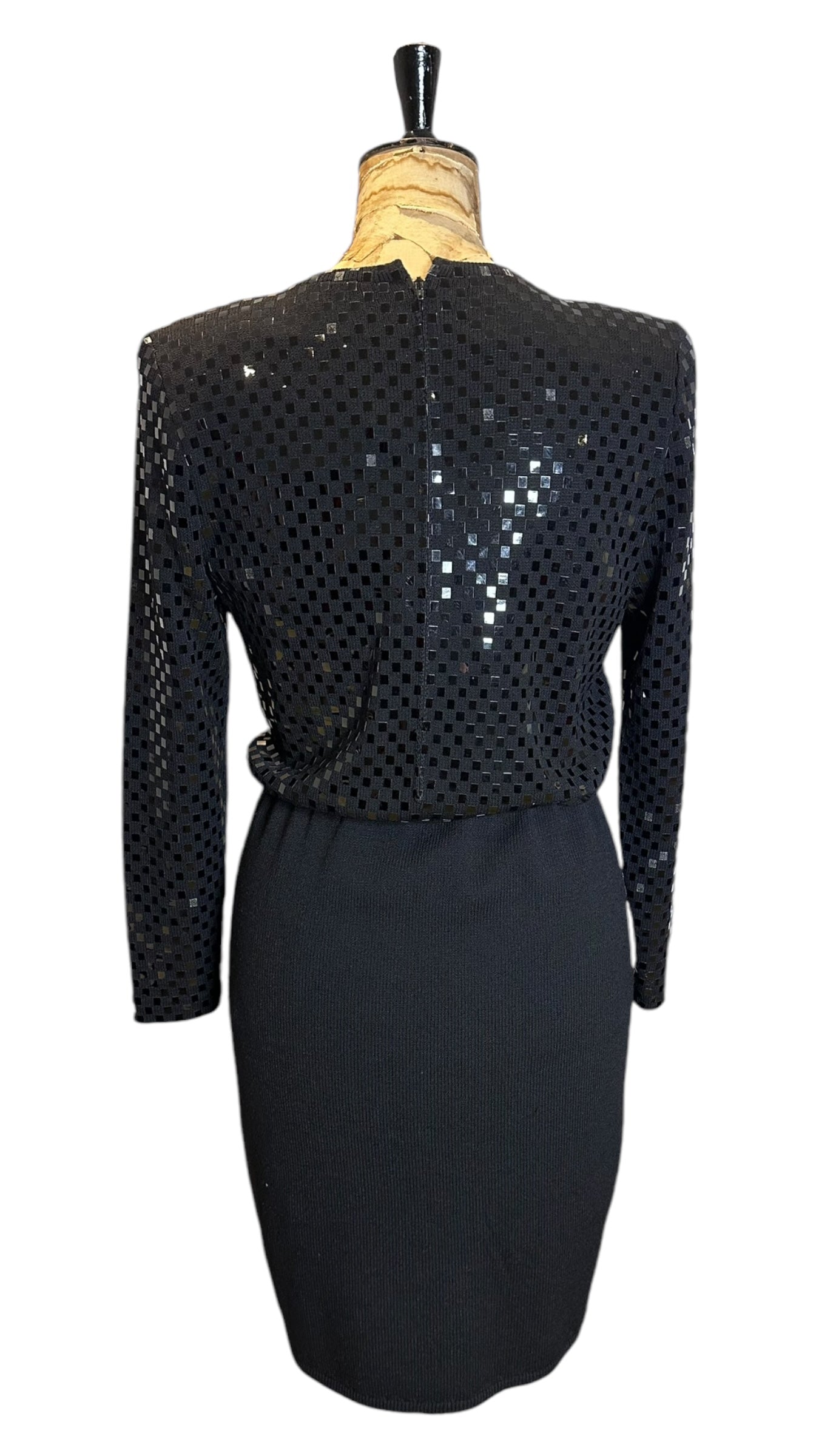 80s Vintage Black Wool and Sequin Dress UK 12-14