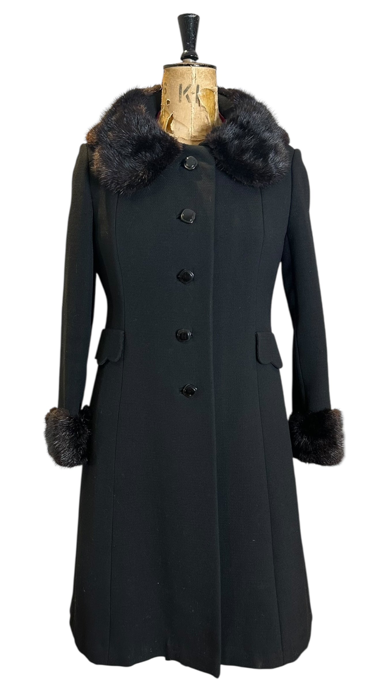 60s Vintage Black Wool Coat with Mink Collar and Cuff UK 14