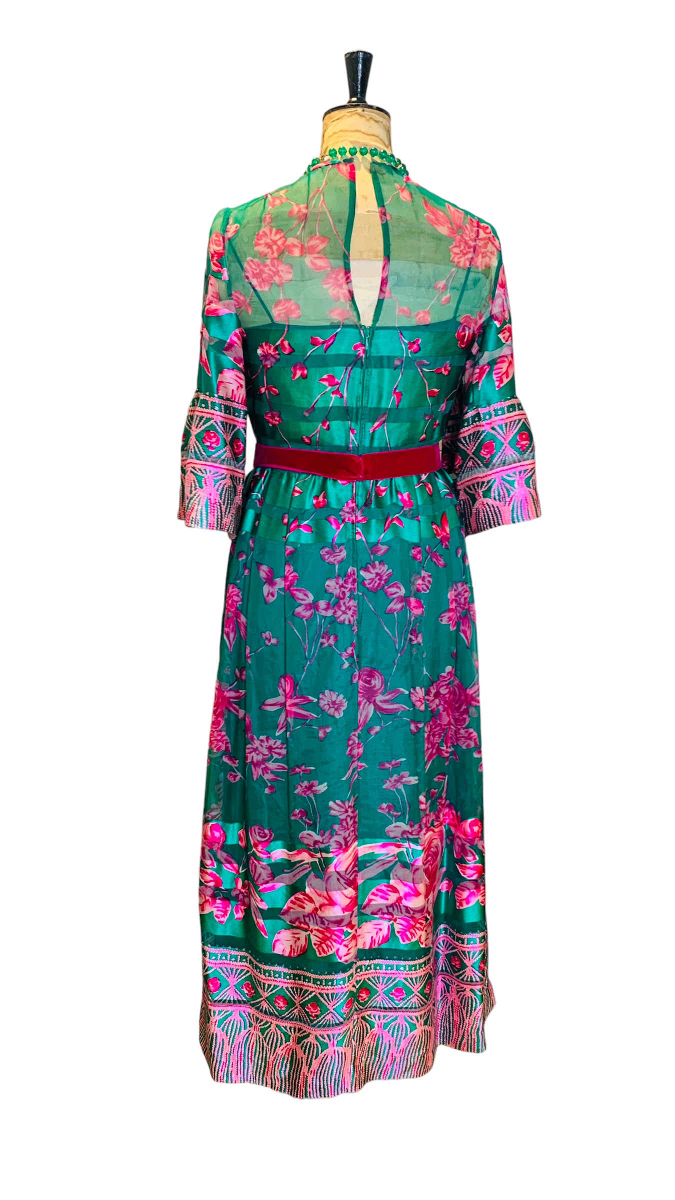 Vintage Silk Green and Pink Maxi-Dress Size UK 12