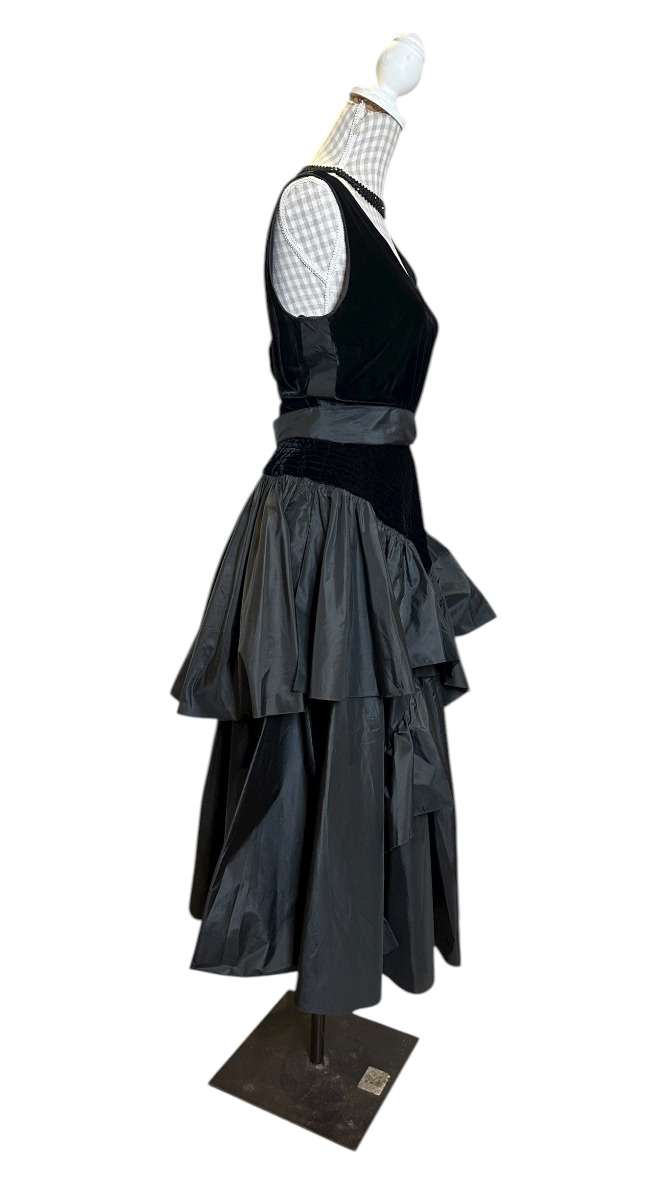 80s Vintage Black Velvet and Taffeta Evening Dress UK 10 - 12&nbsp;