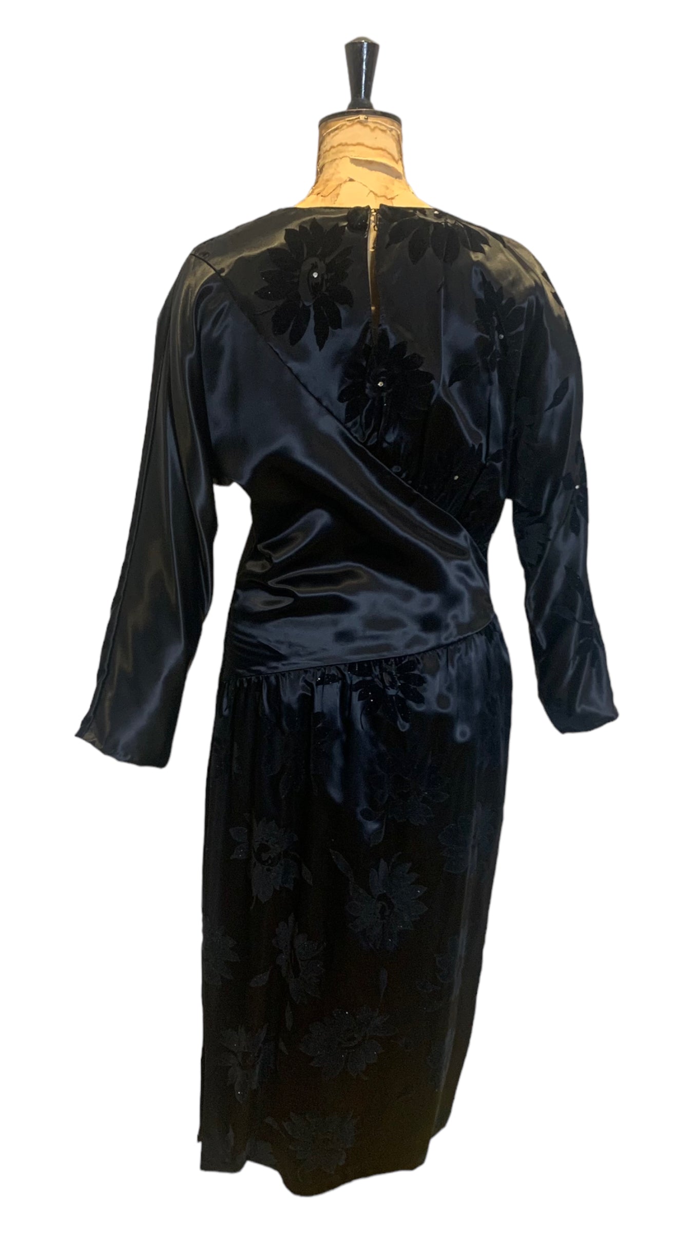 80s Vintage Wolfangle Black Silk Evening Dress UK 12