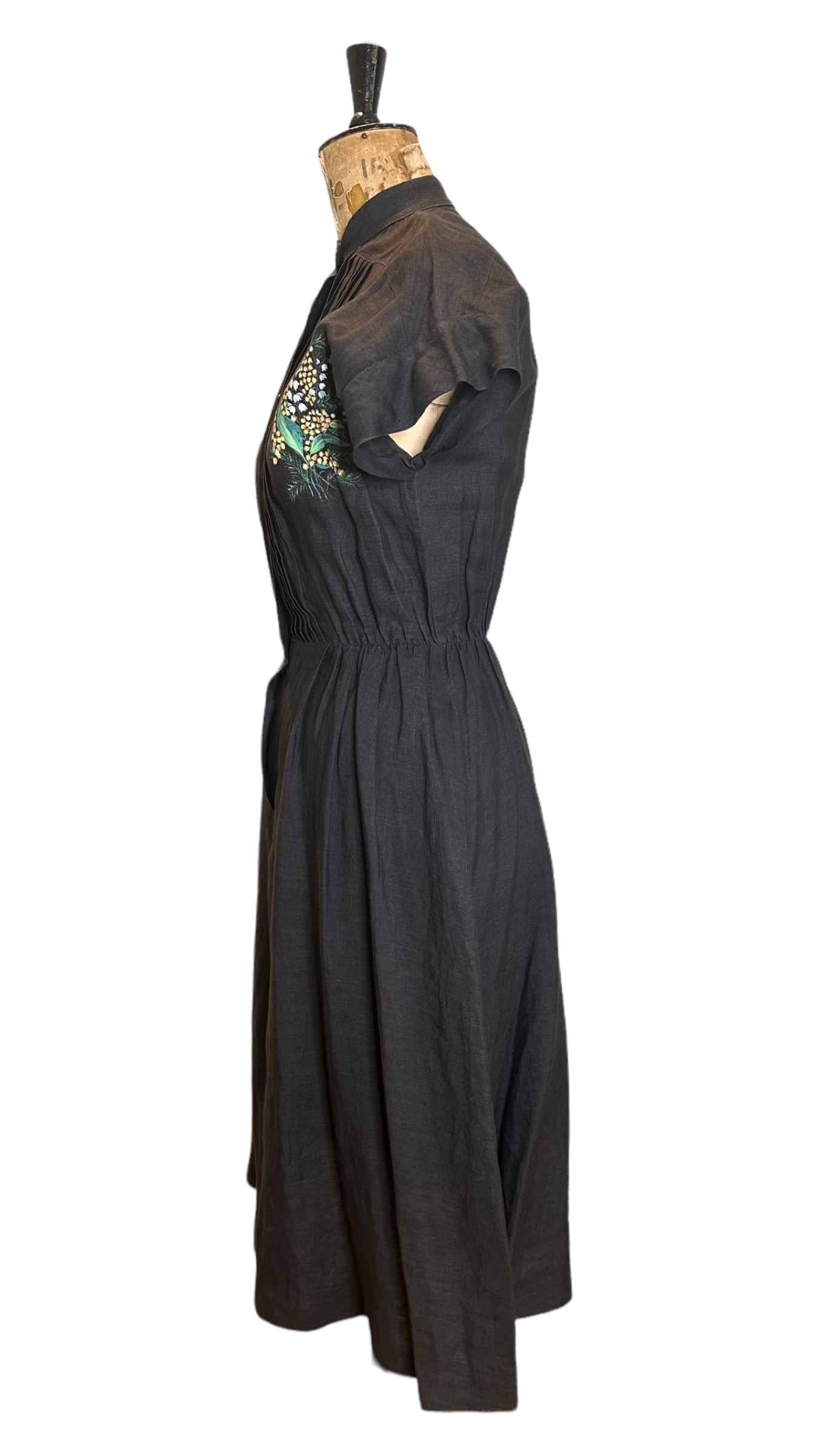 Vintage Black Linen Midi Dress UK 12-14