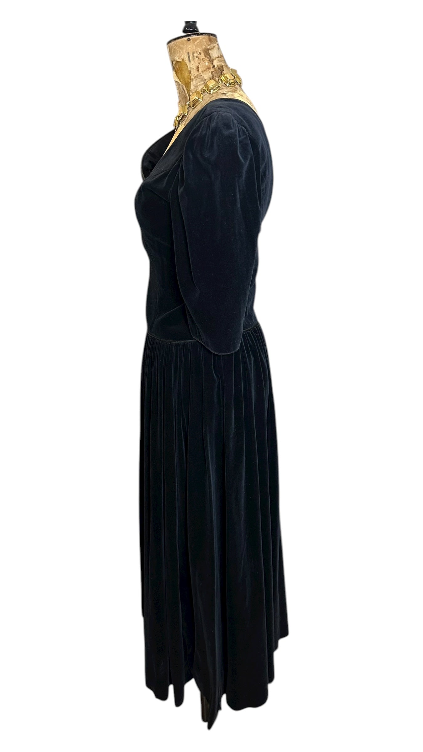 Vintage 80s Monsoon Black Velvet Maxi-Dress UK 10