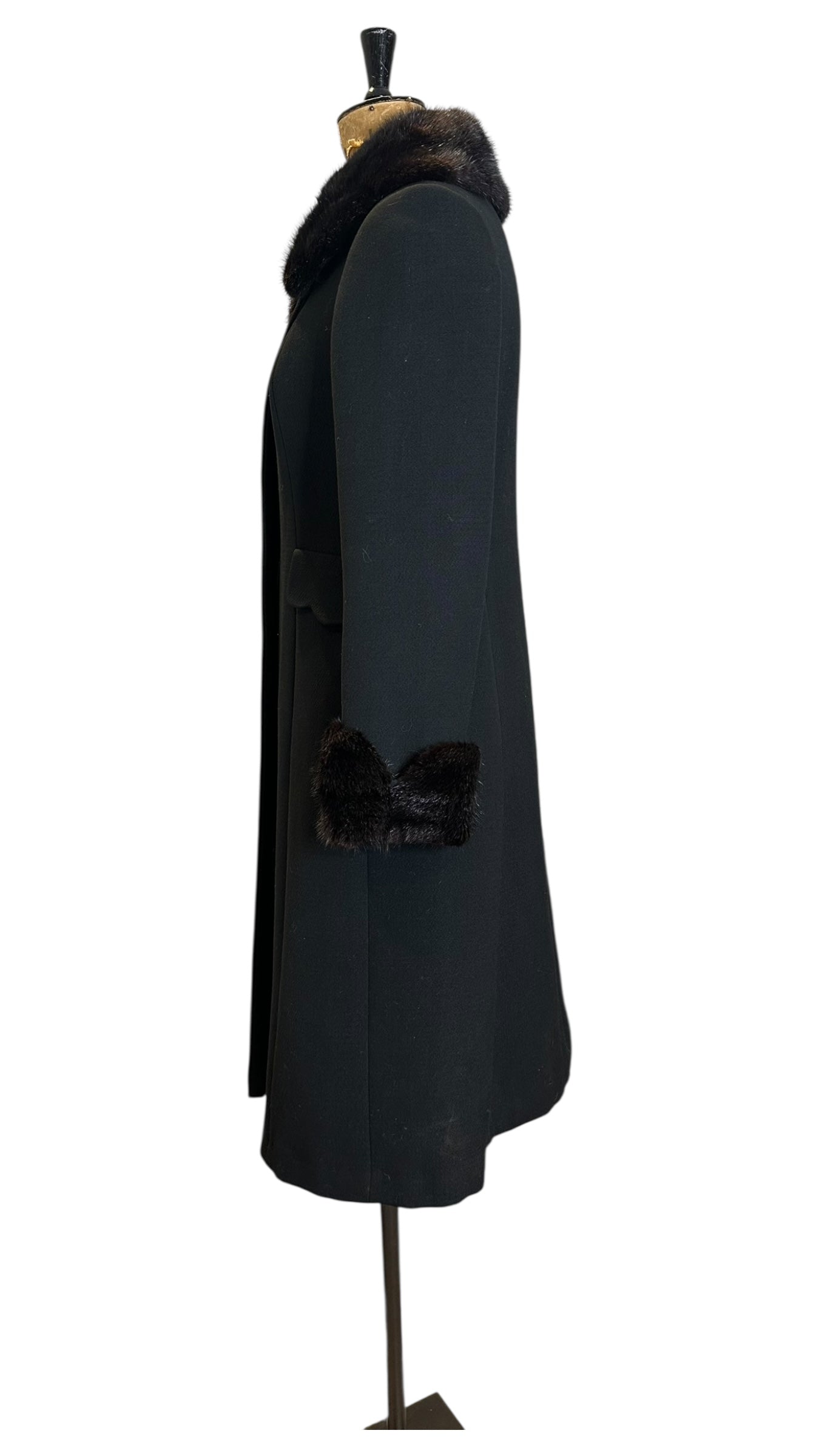 60s Vintage Black Wool Coat with Mink Collar and Cuff UK 14