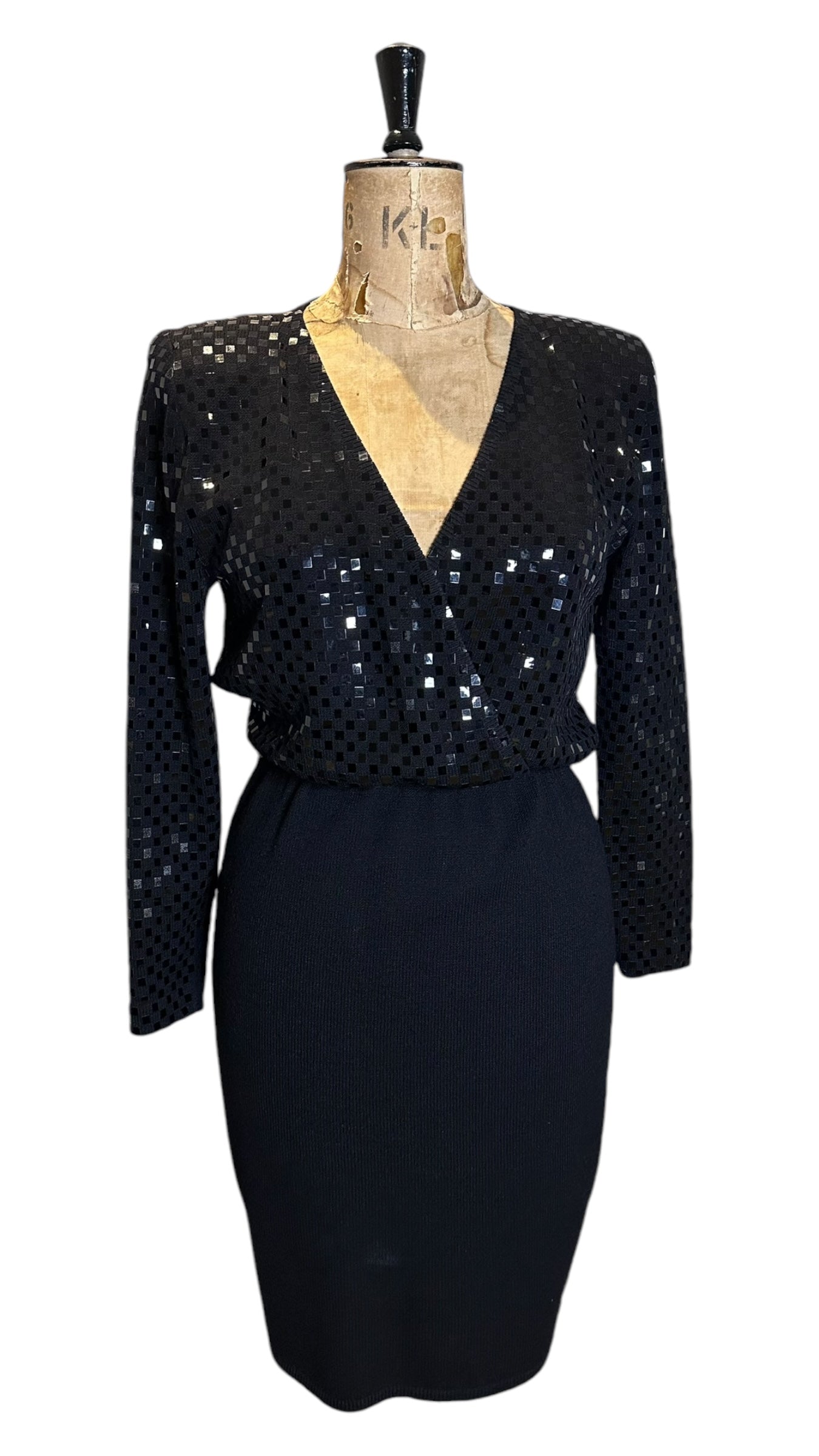 80s Vintage Black Wool and Sequin Dress UK 12 -14