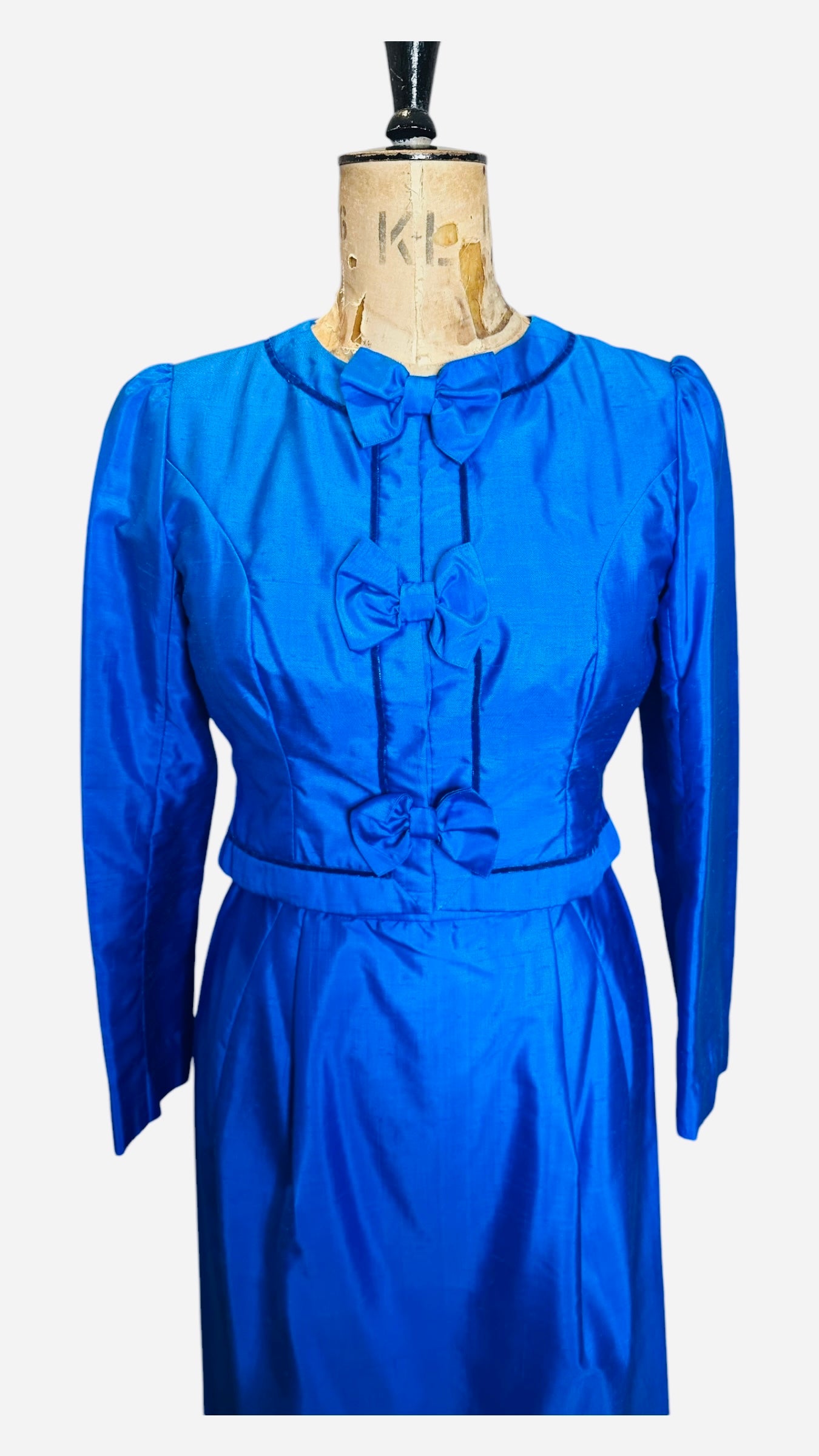 80s Vintage Silk Blue Skirt Suit UK 6-8