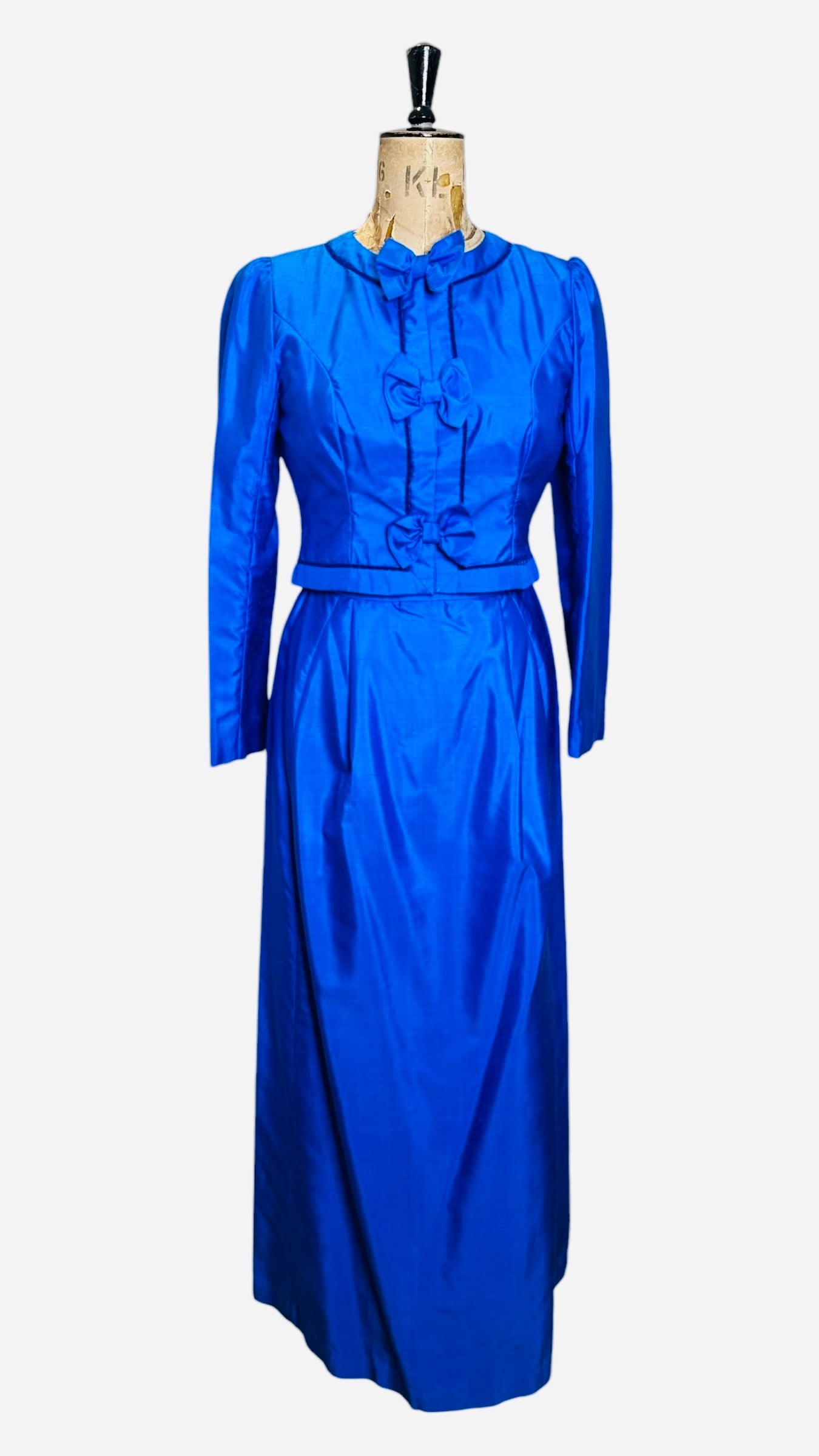 80s Vintage Silk Blue Skirt Suit UK 6-8