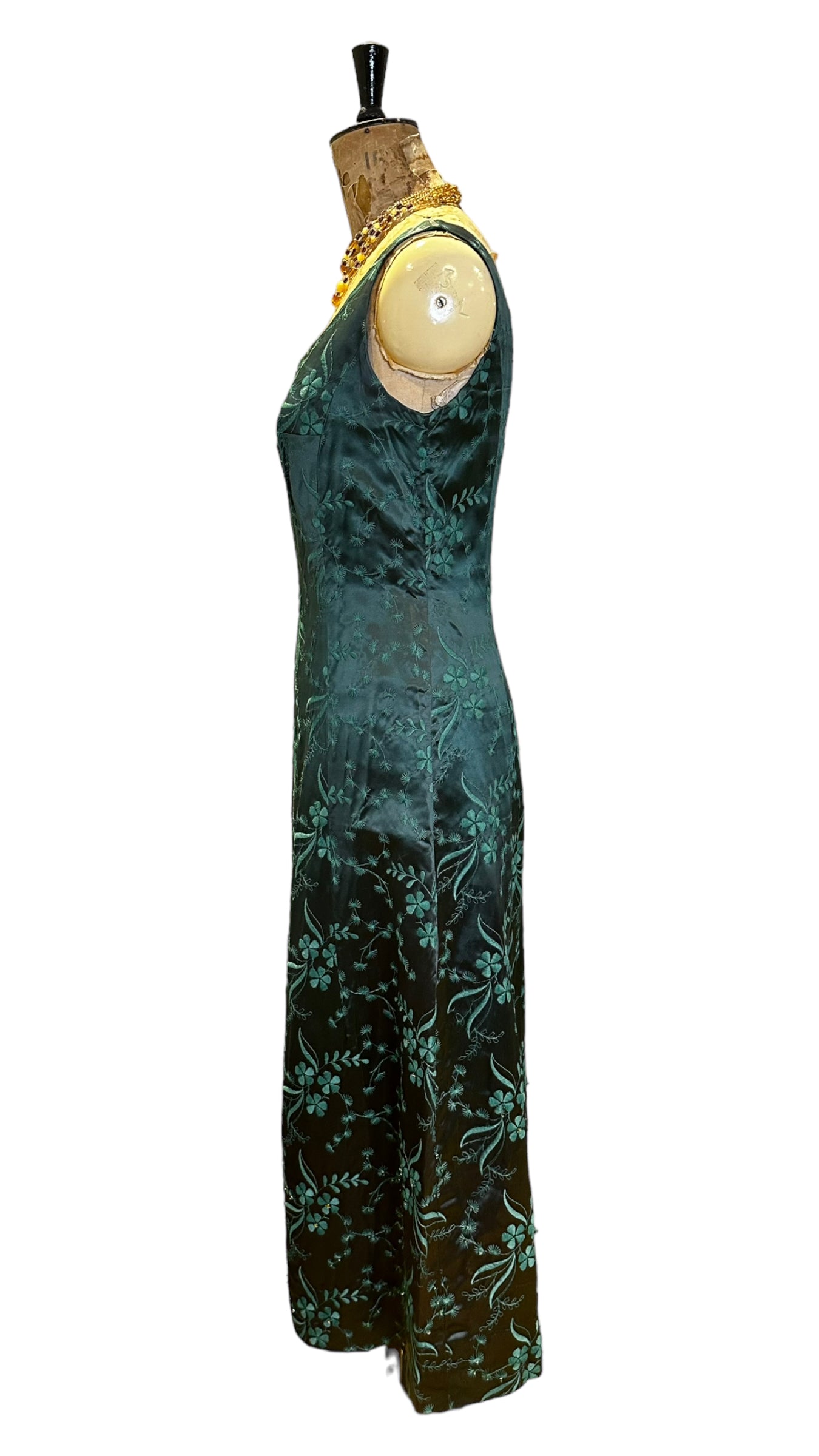 50s Vintage Green Satin Evening Dress Size UK 12