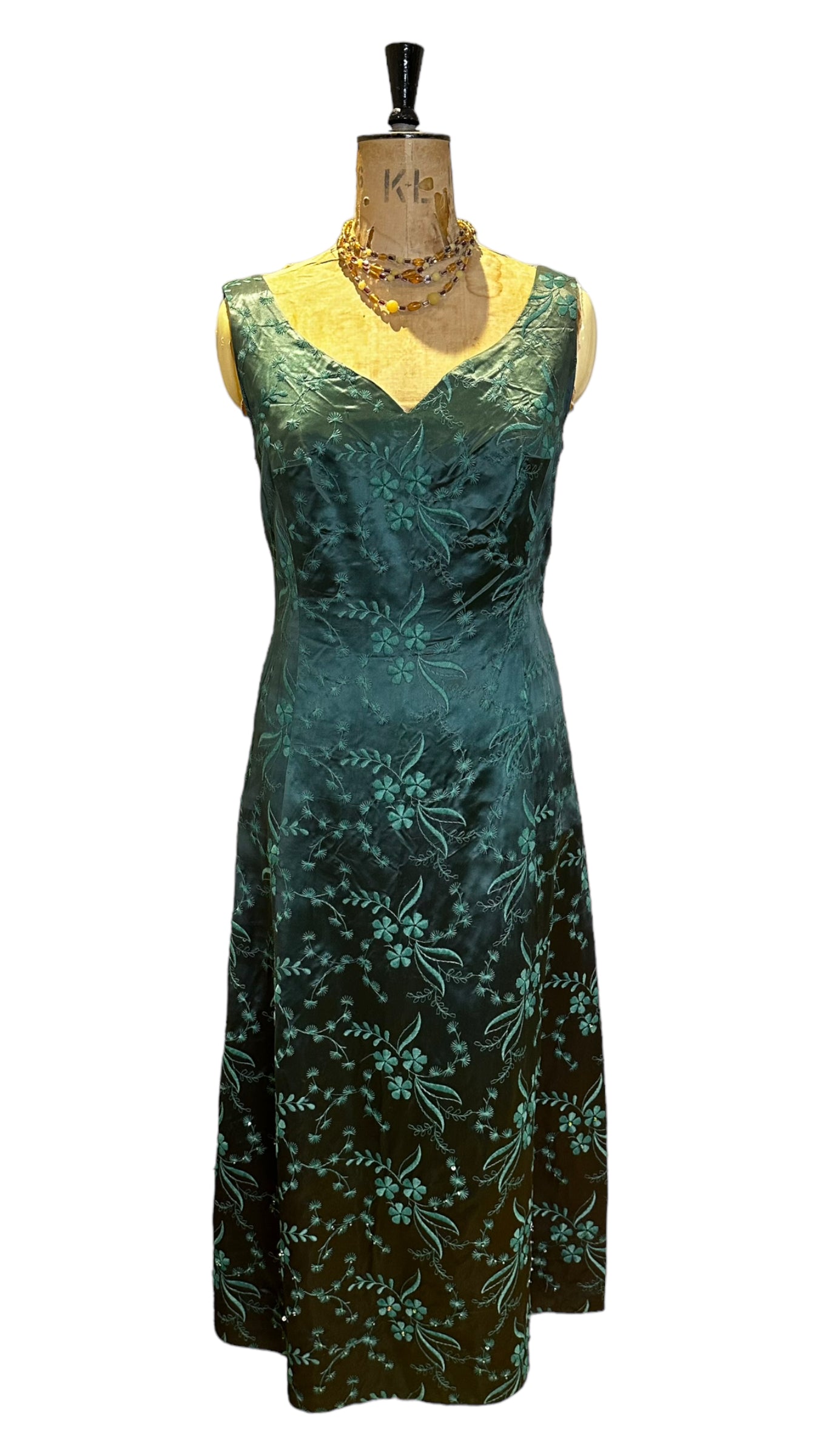 50s Vintage Green Satin Evening Dress Size UK 12