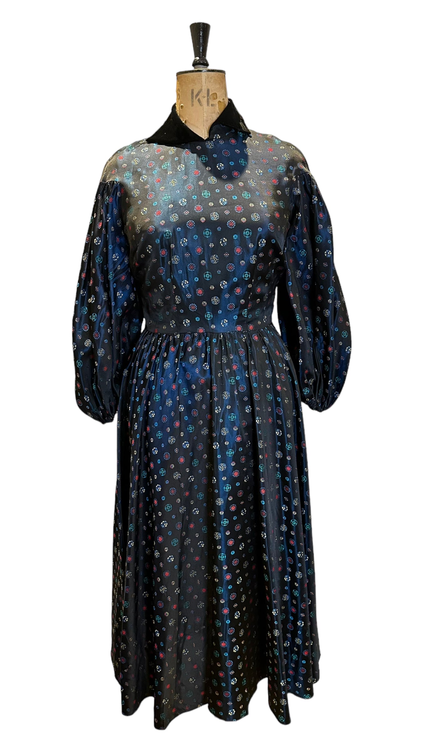 50s Vintage Stain Dress with Velvet Collar Size UK 10