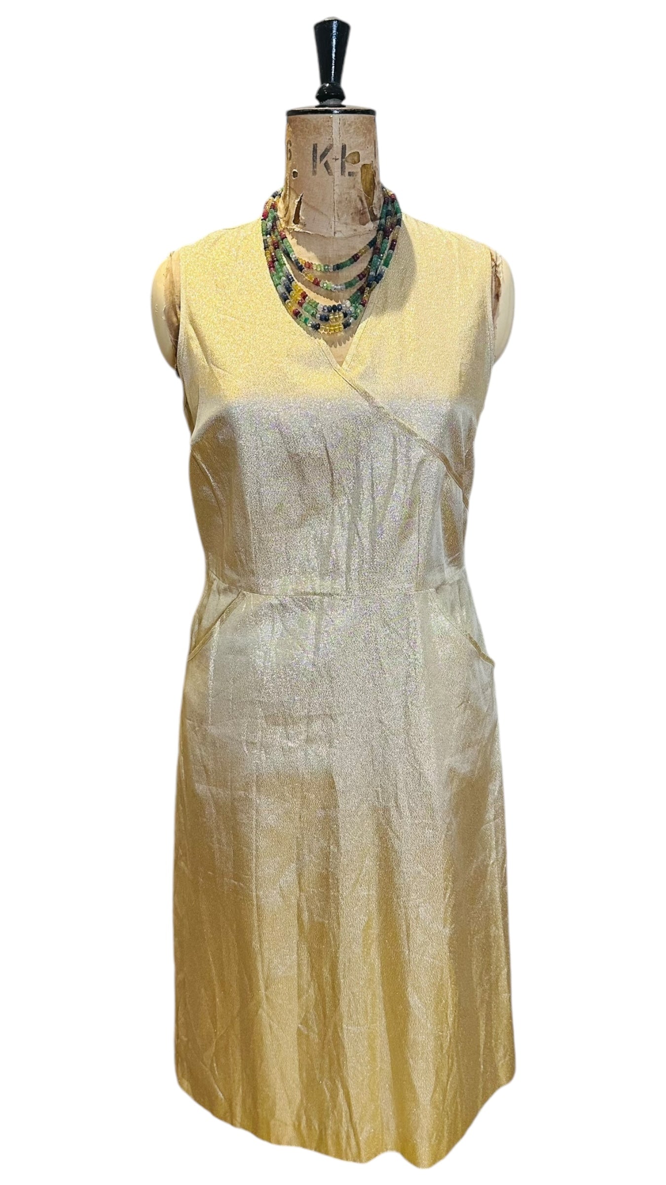 50s Gold Lame Fitted Wiggle Dress UK 10- 12