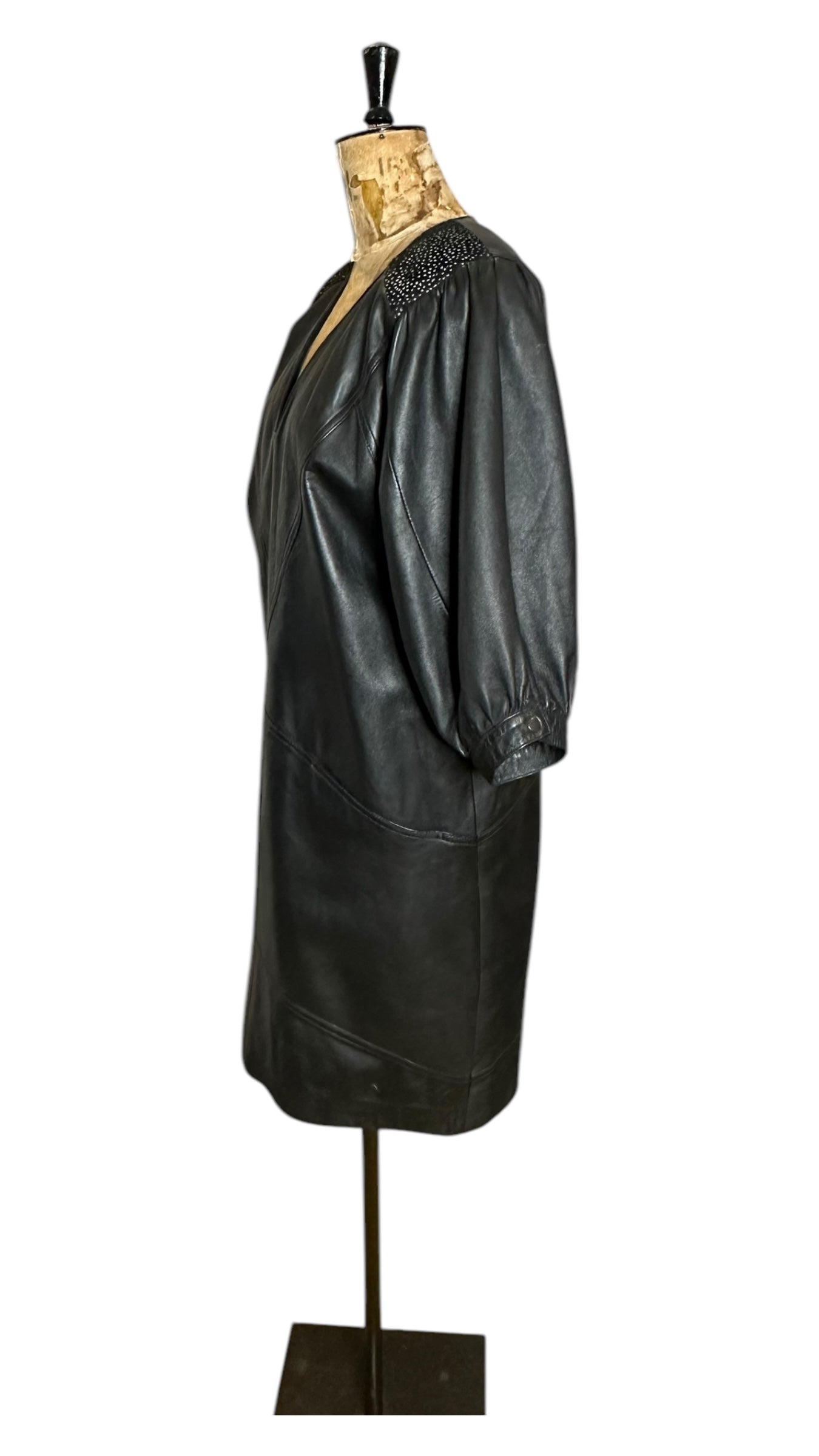 Vintage 80s Leather Black Dress UK 16