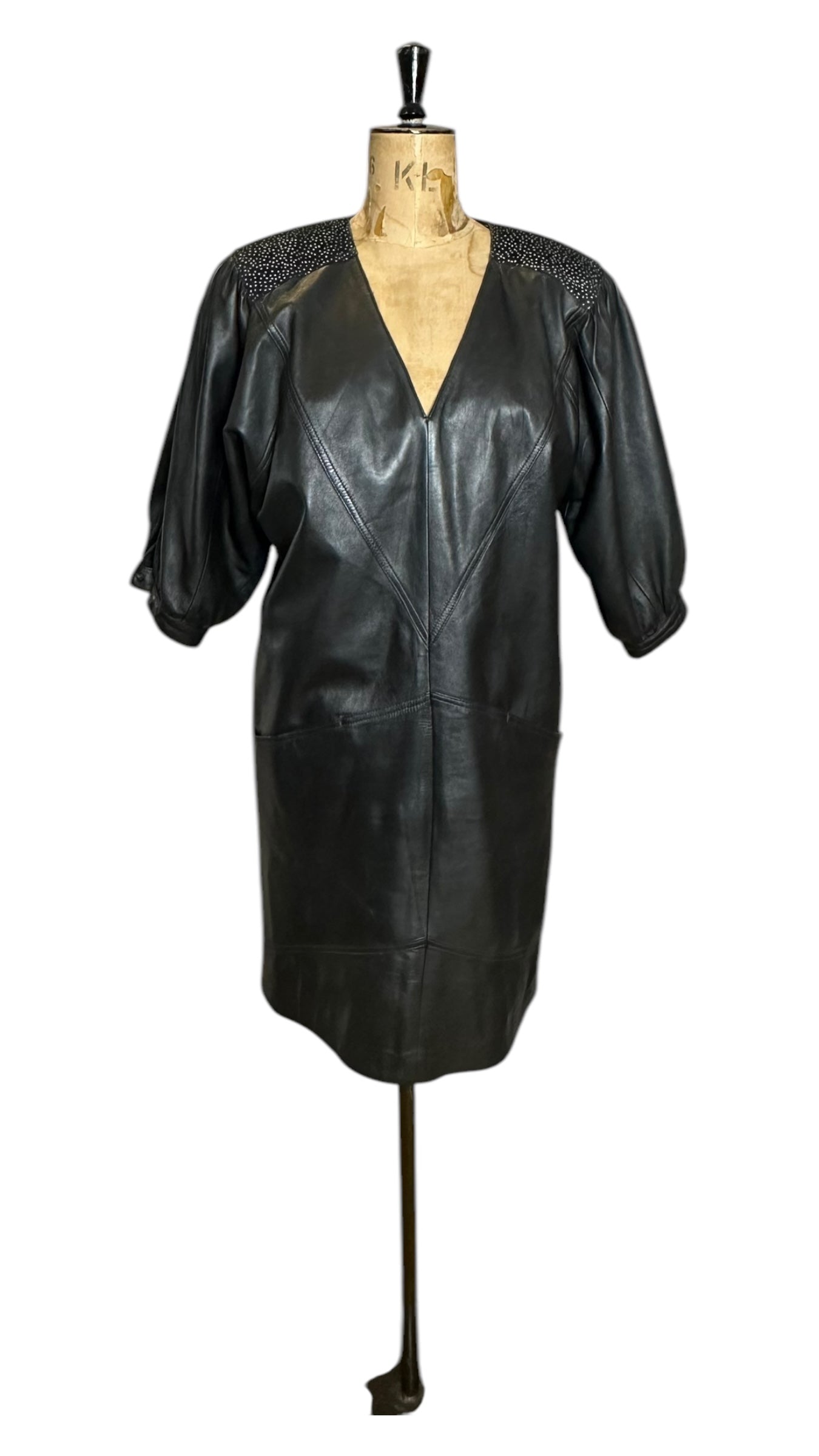 Vintage 80s Leather Black Dress UK 16