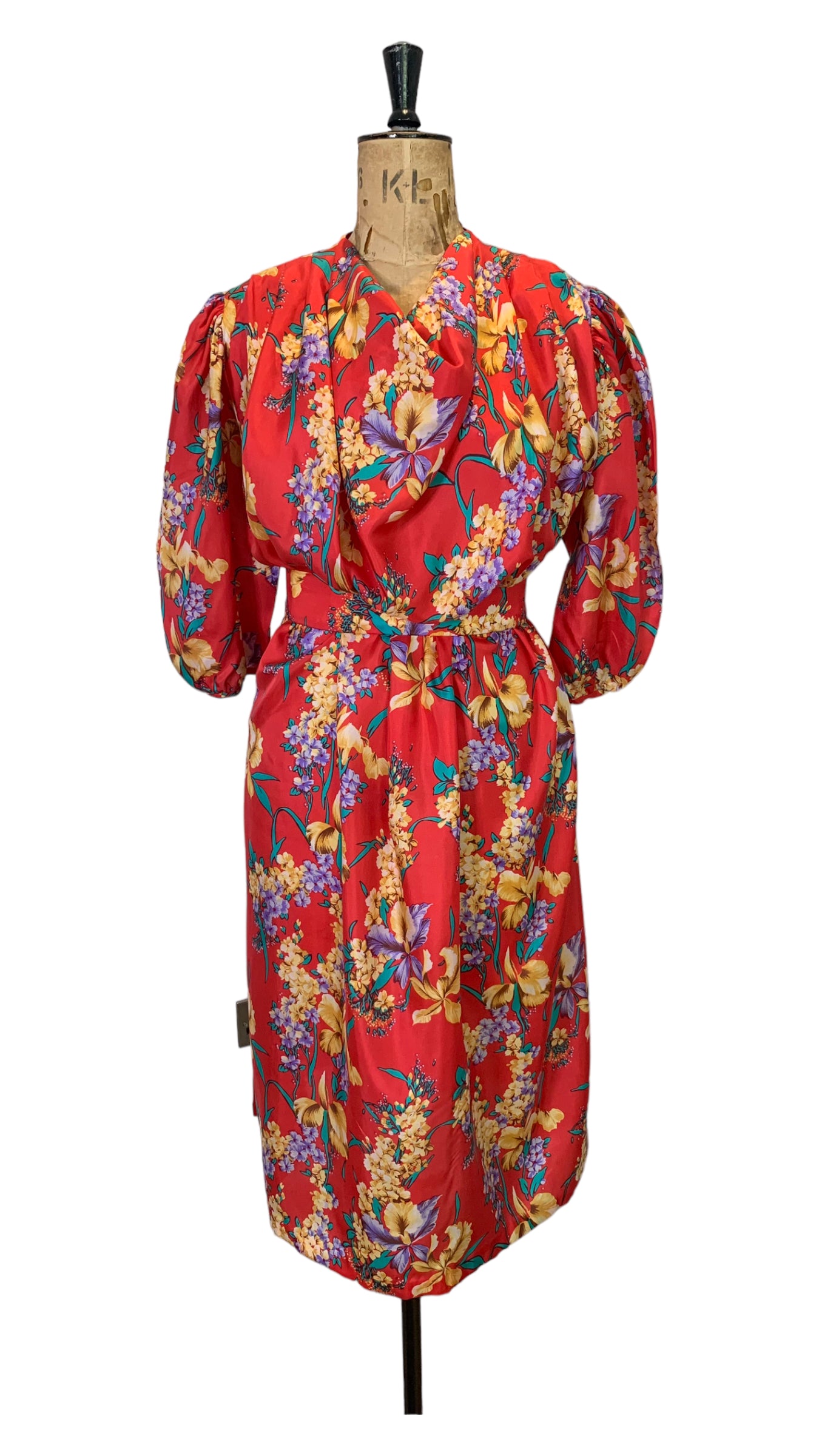 Vintage Red Silk Print Dress Size UK 16 