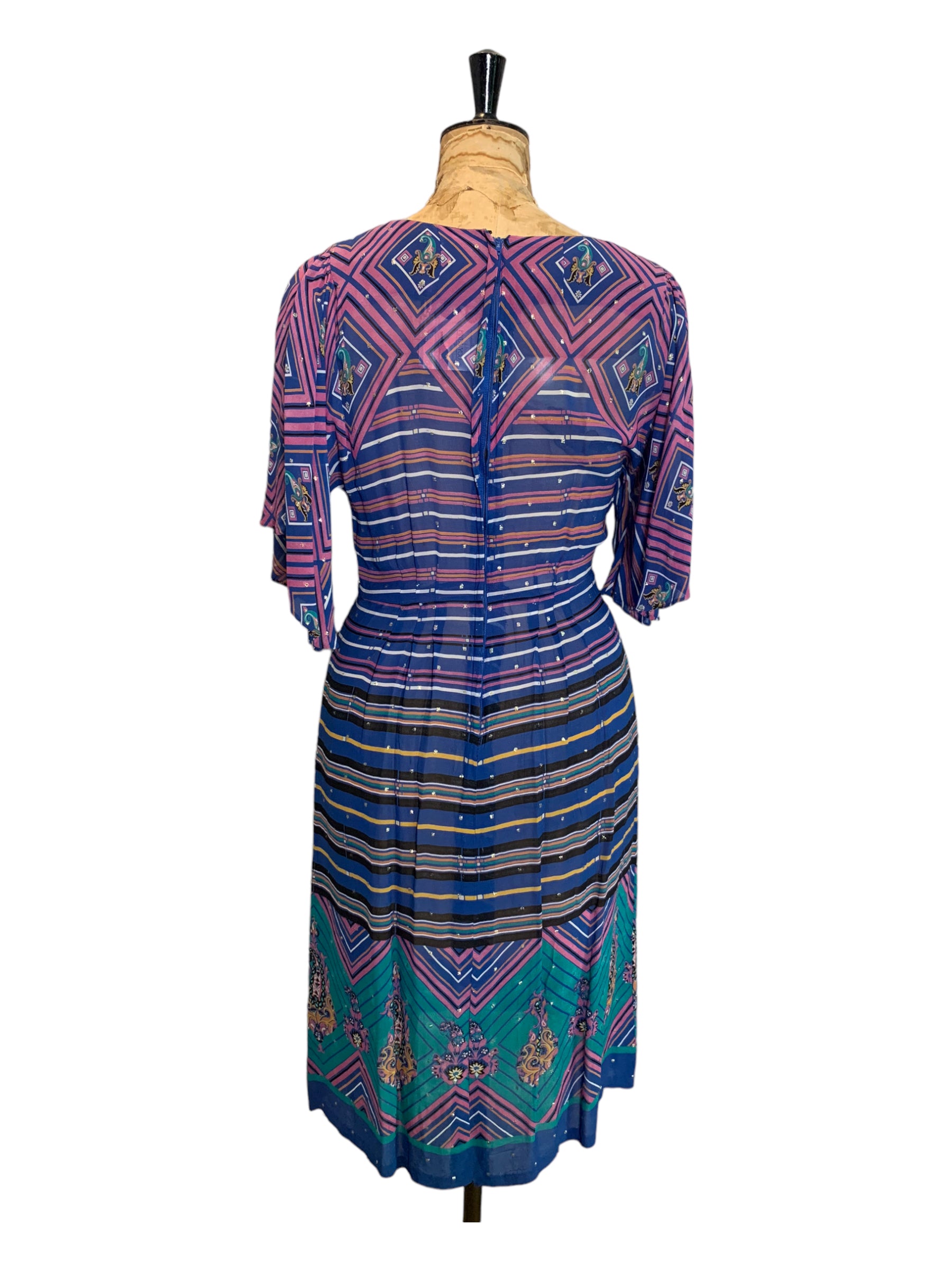 50s Vintage Custom Made Multicoloured Print Dress Size UK 10-12
