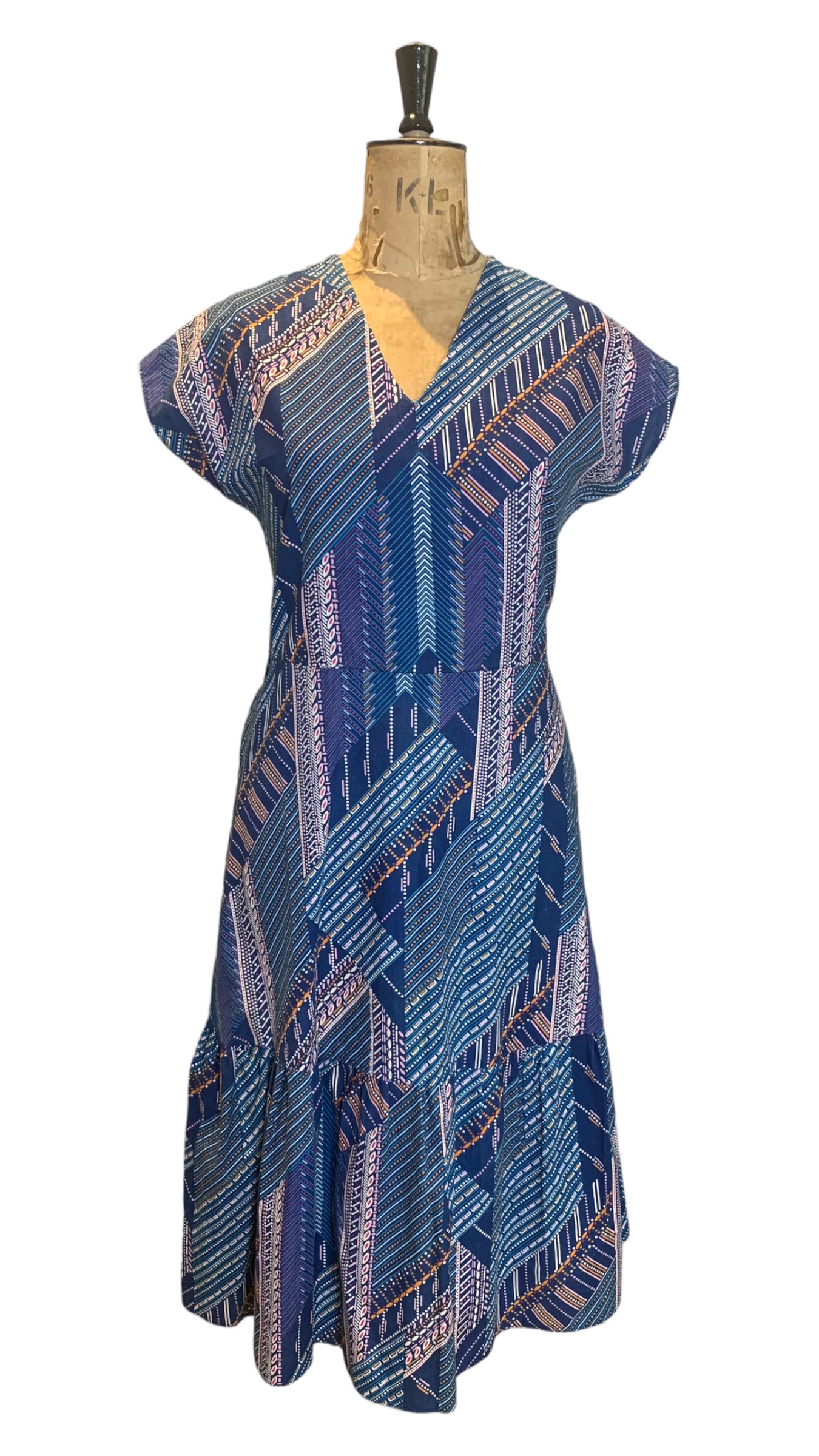 80s Blue Cotton Summer Dress Size UK 12- 14