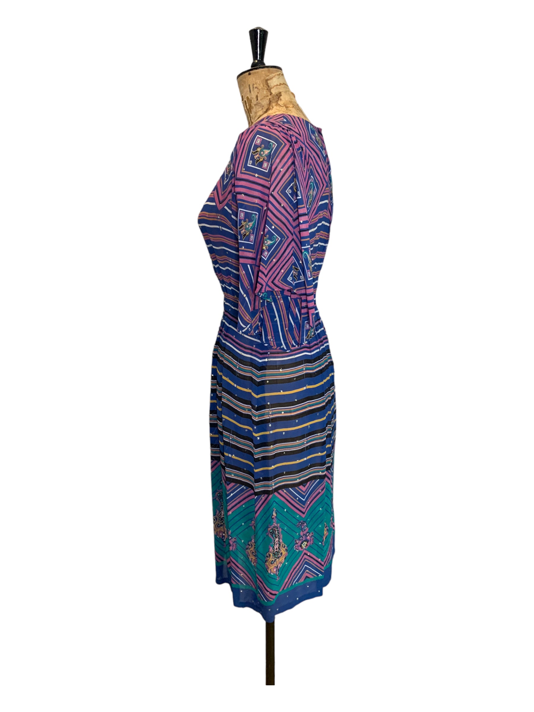 50s Vintage Custom Made Multicoloured Print Dress Size UK 10-12