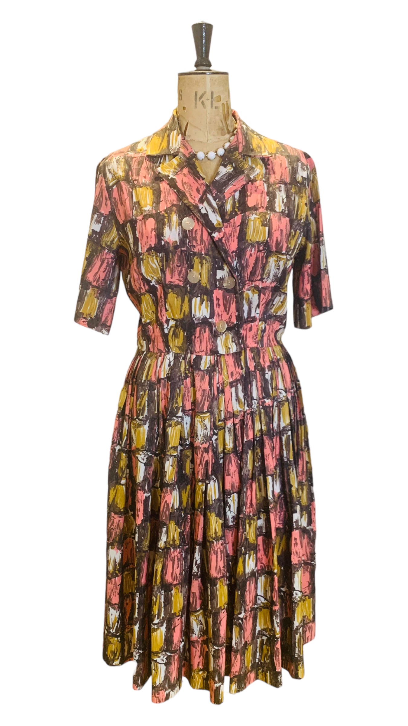 50s Vintage Print Day Dress with Pockets Size UK 12- 14