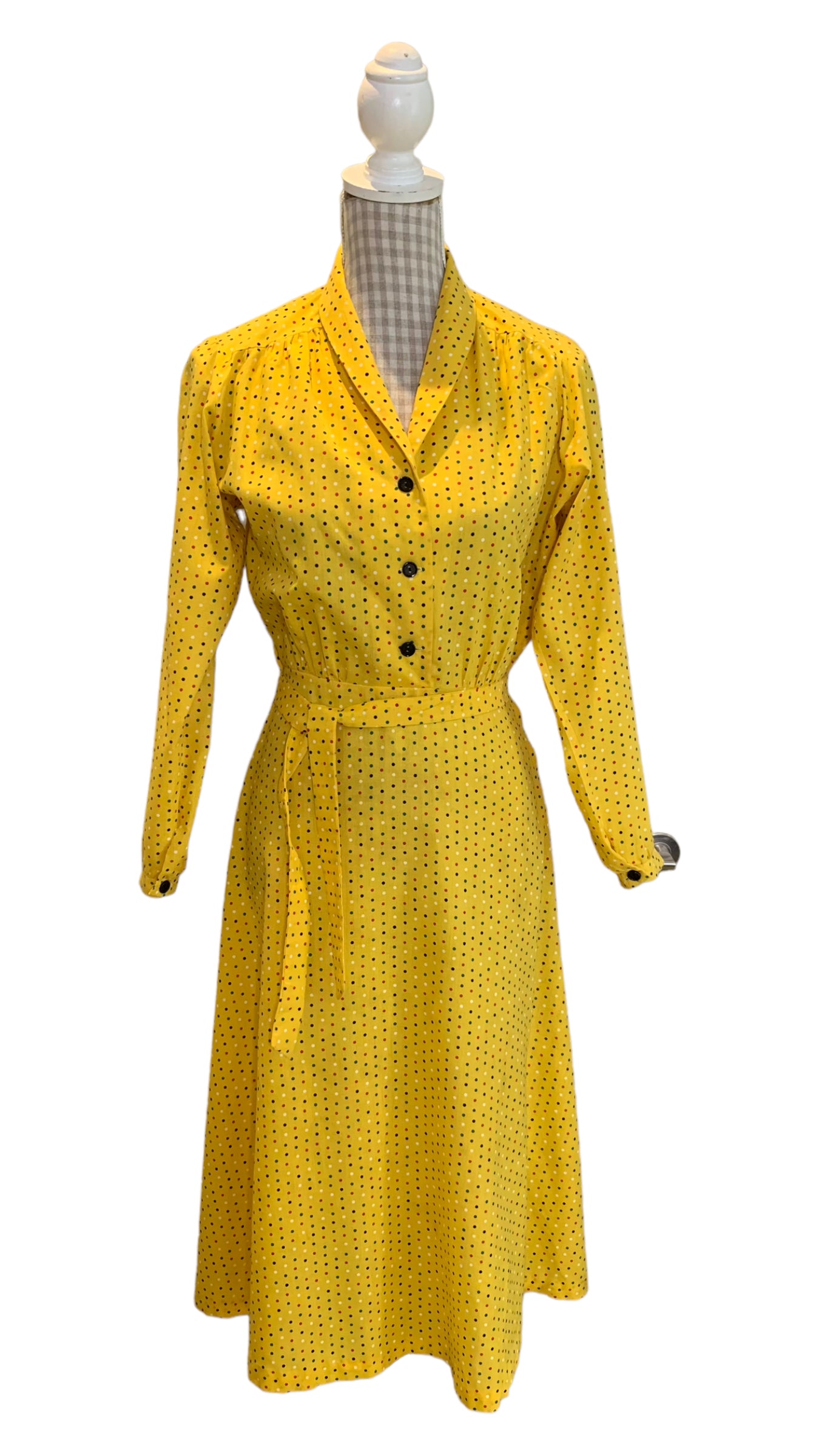 50s Vintage Yellow Polkadot Print Dress Size UK 10