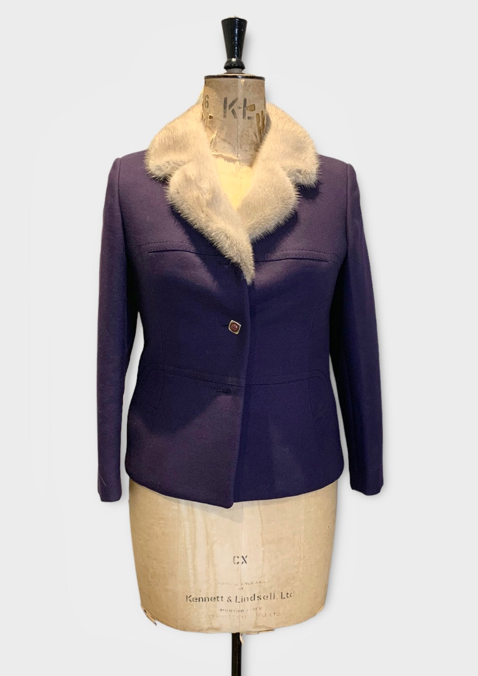 50s Vintage Purple Wool Jacket with Mink Collar Size UK 10