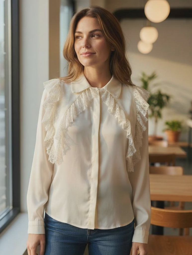 Vintage Cream Silk and Lace Top UK 14