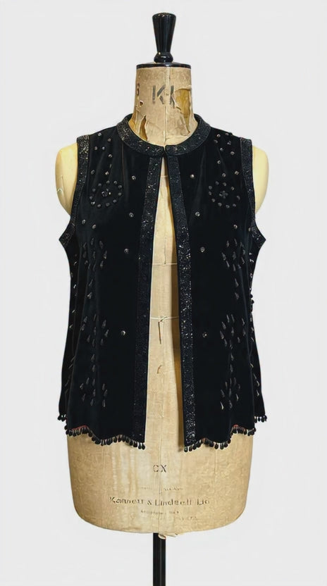Vintage Black Velvet Beaded Waistcoat One Size