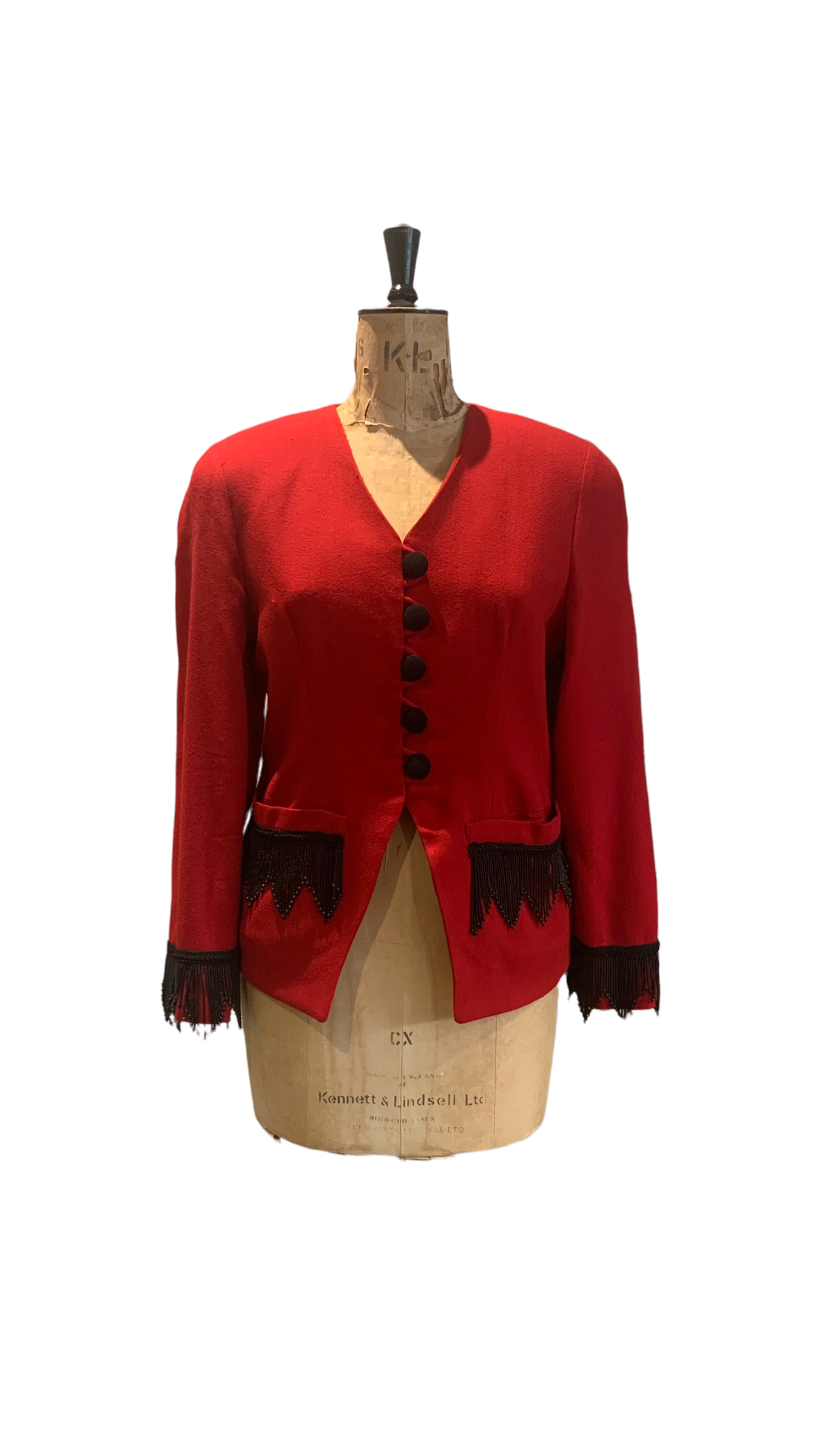 80s Vintage Red Jacket with Black Beaded Details Size UK 12- 14 