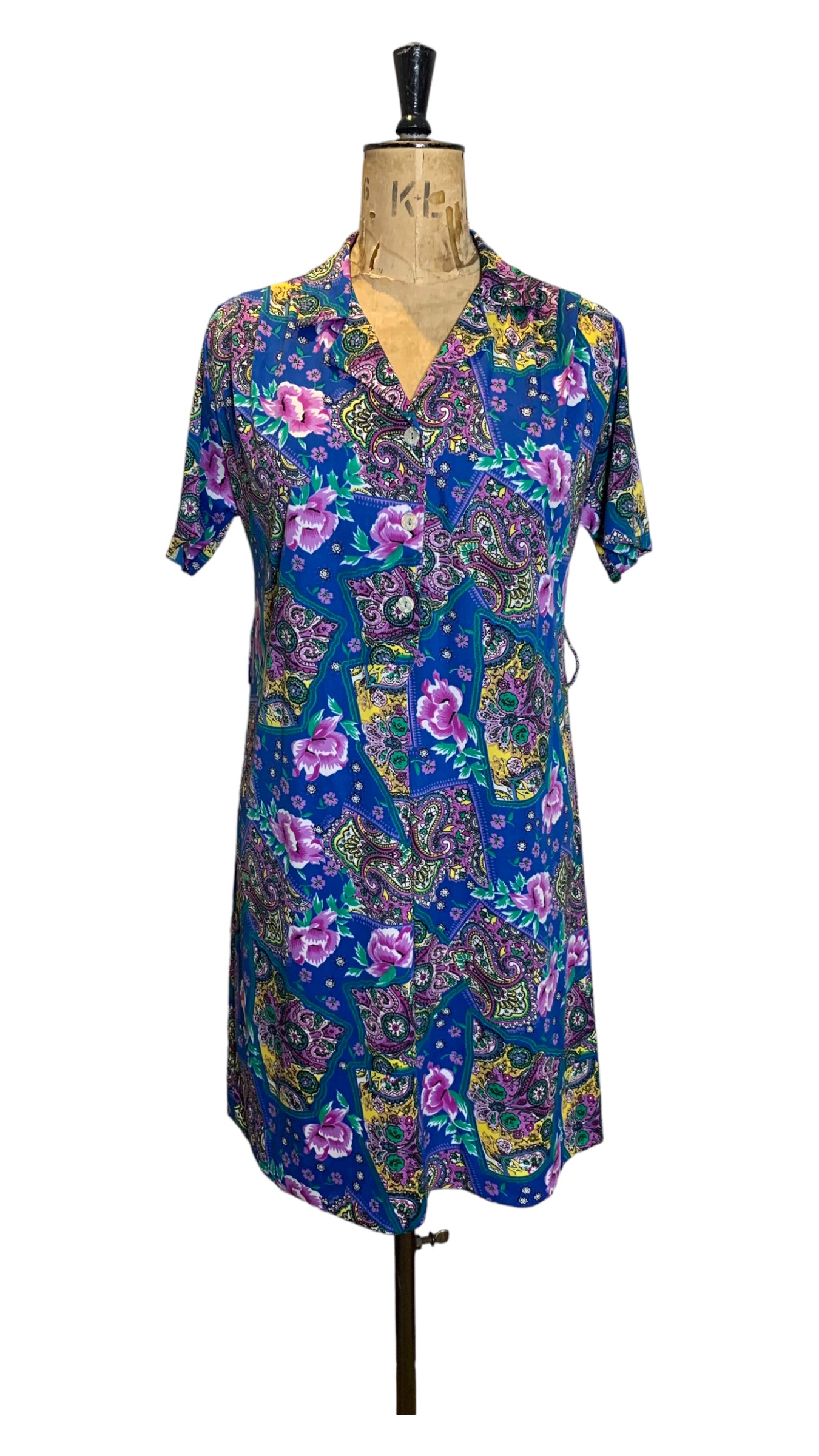 80s Blue Flora Print Dress Size UK 12