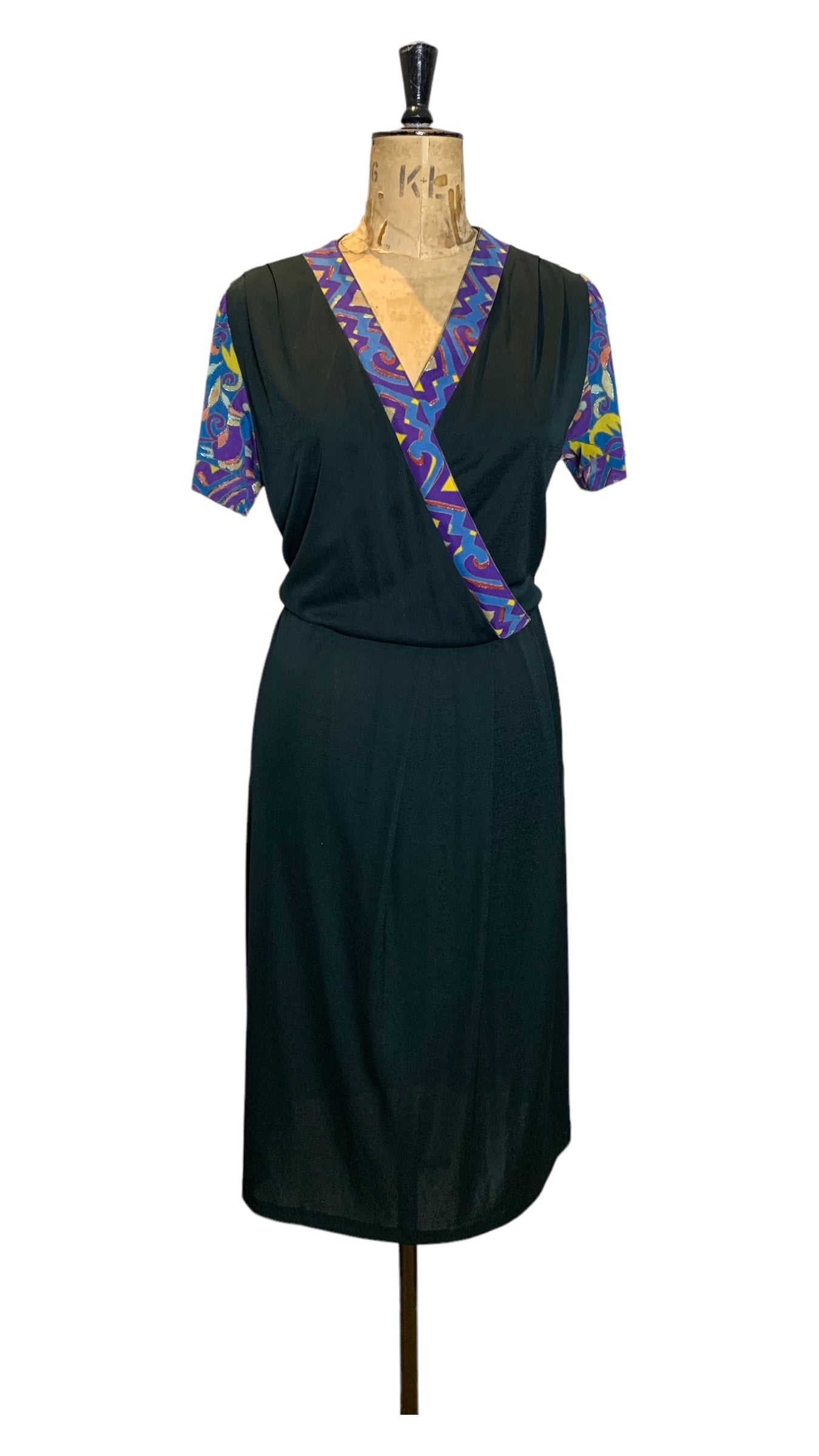 70s Vintage Black Short-sleeve Dress Size UK 12 -14