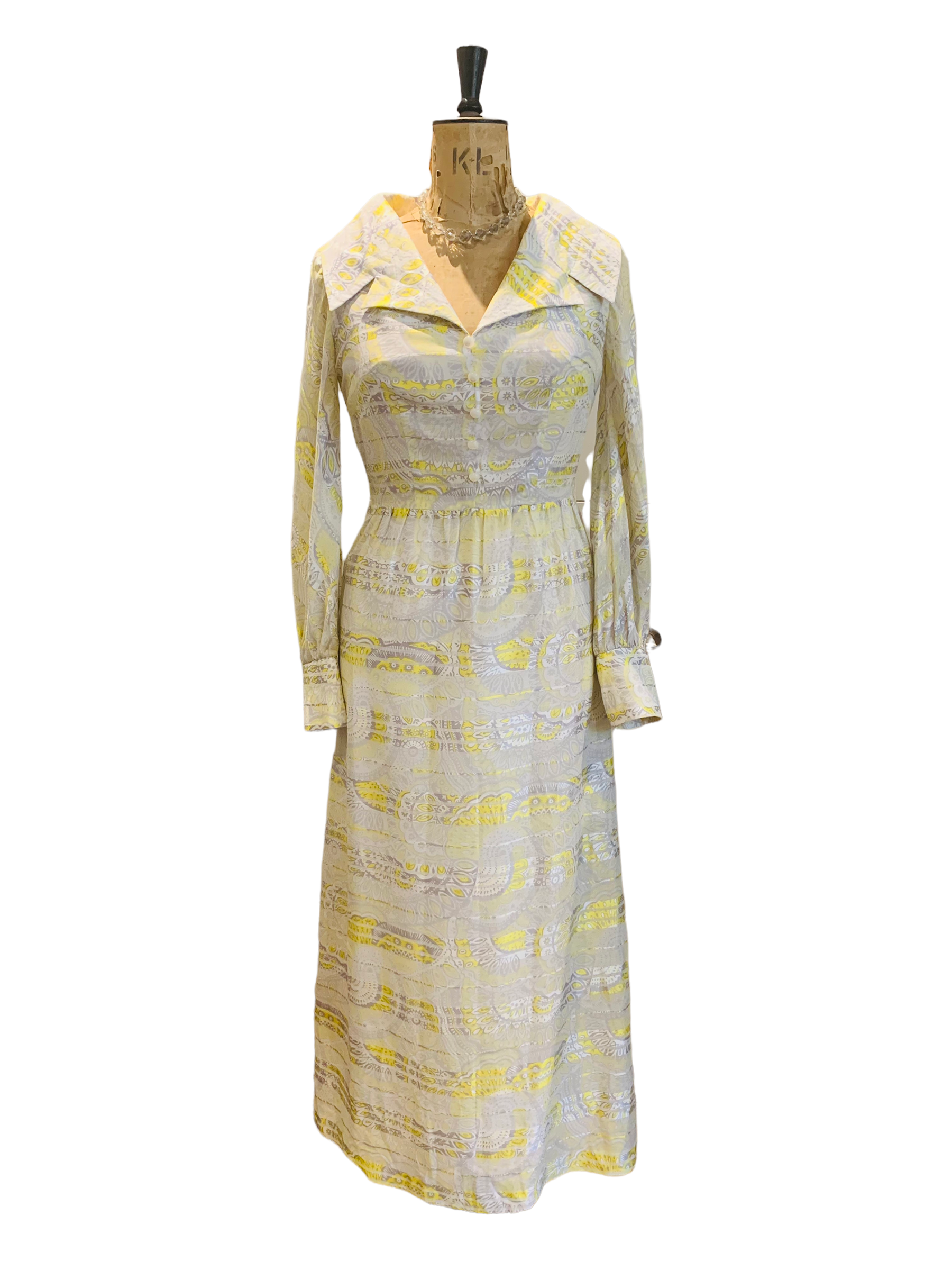 50s Vintage Yellow and White Maxi Dress Size UK 10 - 12