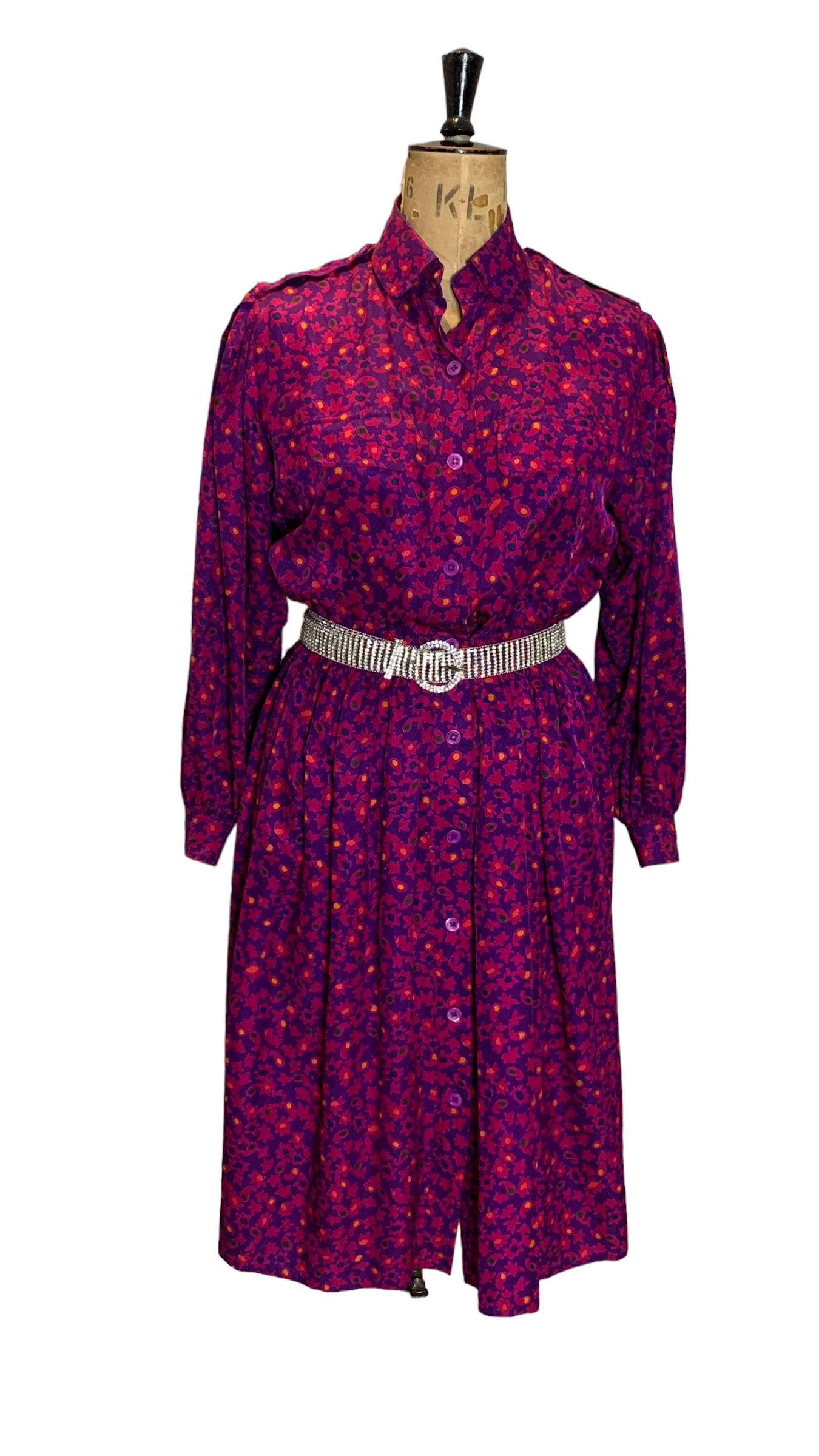 80s Vintage Silk Pink and Purple Silk Dress Size UK 16